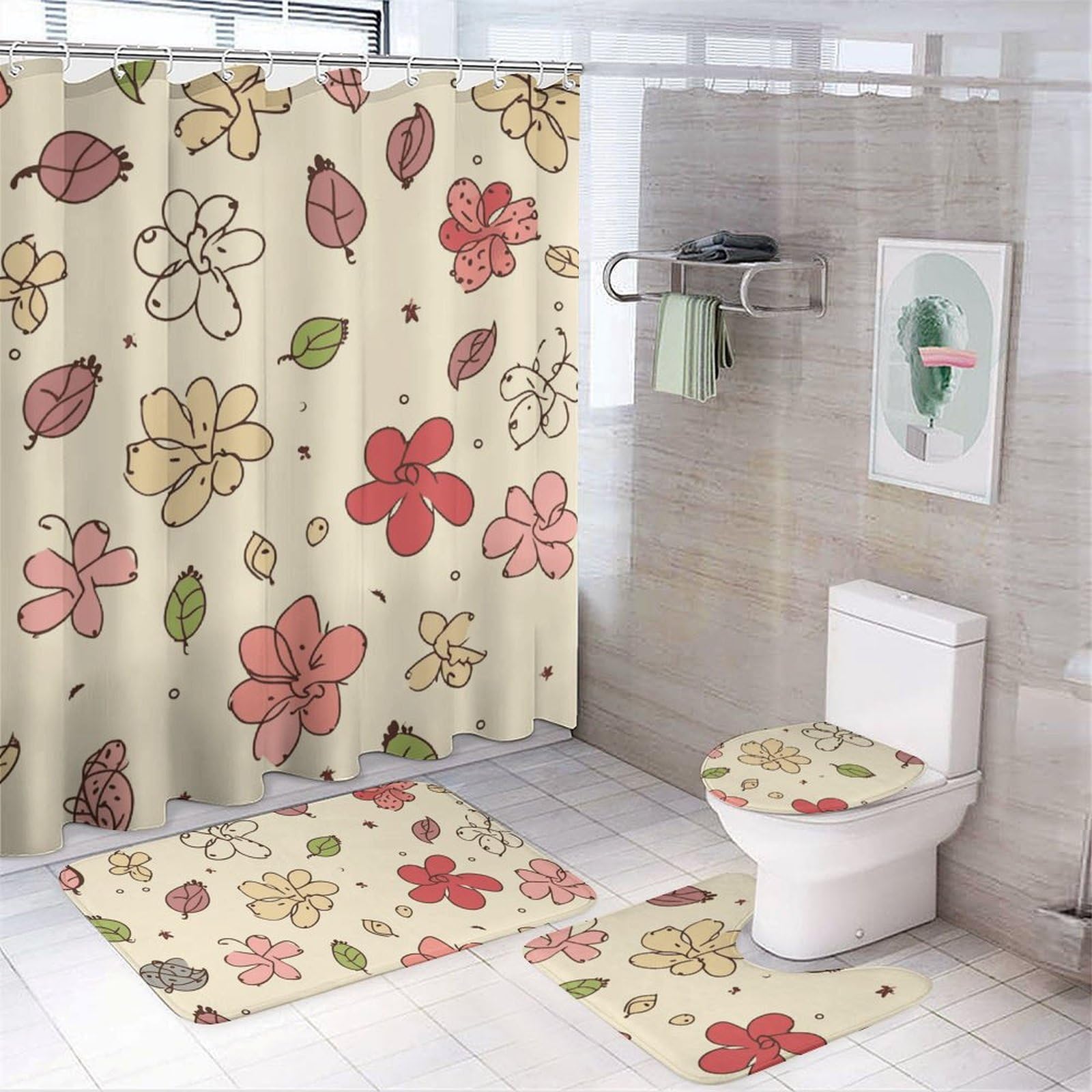 Rideau de douche imperméable et tapis antidérapant lot de 4 accessoires de bain