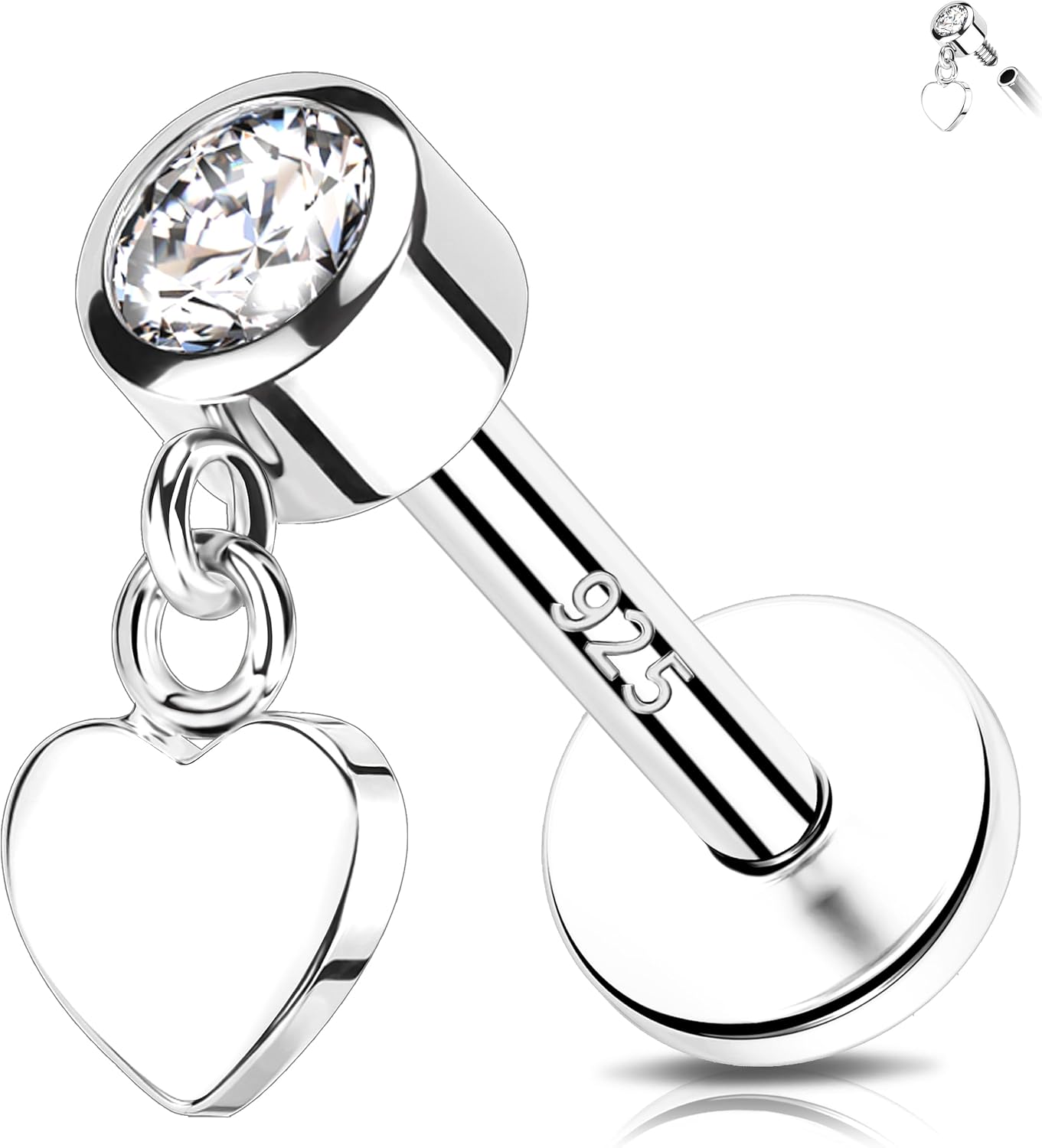 Melighting 16G Sterling Silver 925 Tragus Piercing Jewelry Internally Threaded Teardrop Flat Back Earring Clear CZ Lip Labret Cartilage Helix Stud for Women 6/8 mm