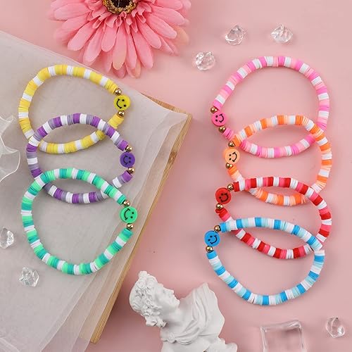 Miniatura 8 de Juego de pulseras Heishi Surfer de arcoíris para mujeres y niñas, pulseras apilables de arcilla con cuentas de disco, pulseras elásticas de disco,