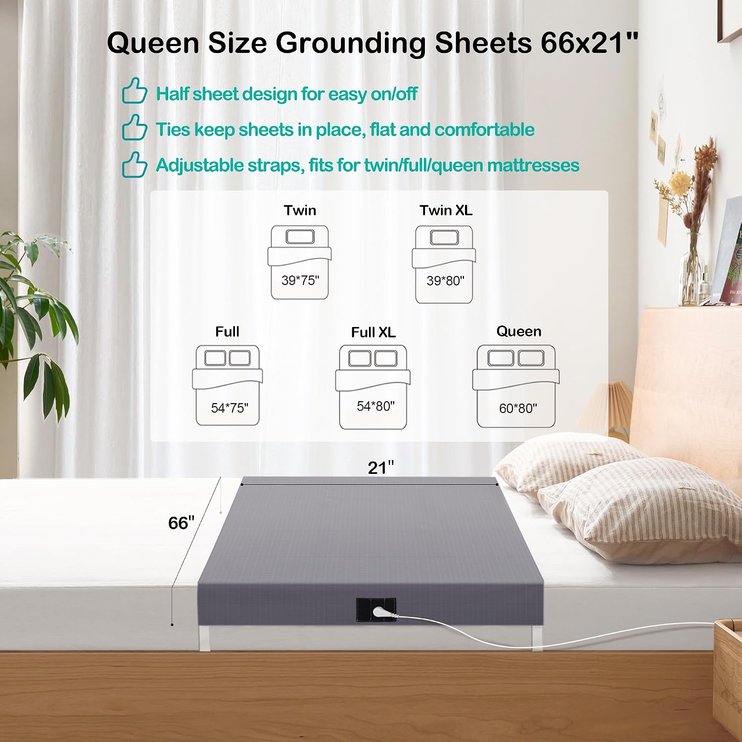 Grounding Sheets: Anti-Static Fitted Bedsheets with Adjustable Straps -Conductive Silver Fiber Grounded Sheets for Sleep -Grounding Mat for Bed with Cord and Tester (Grey,66x21″)