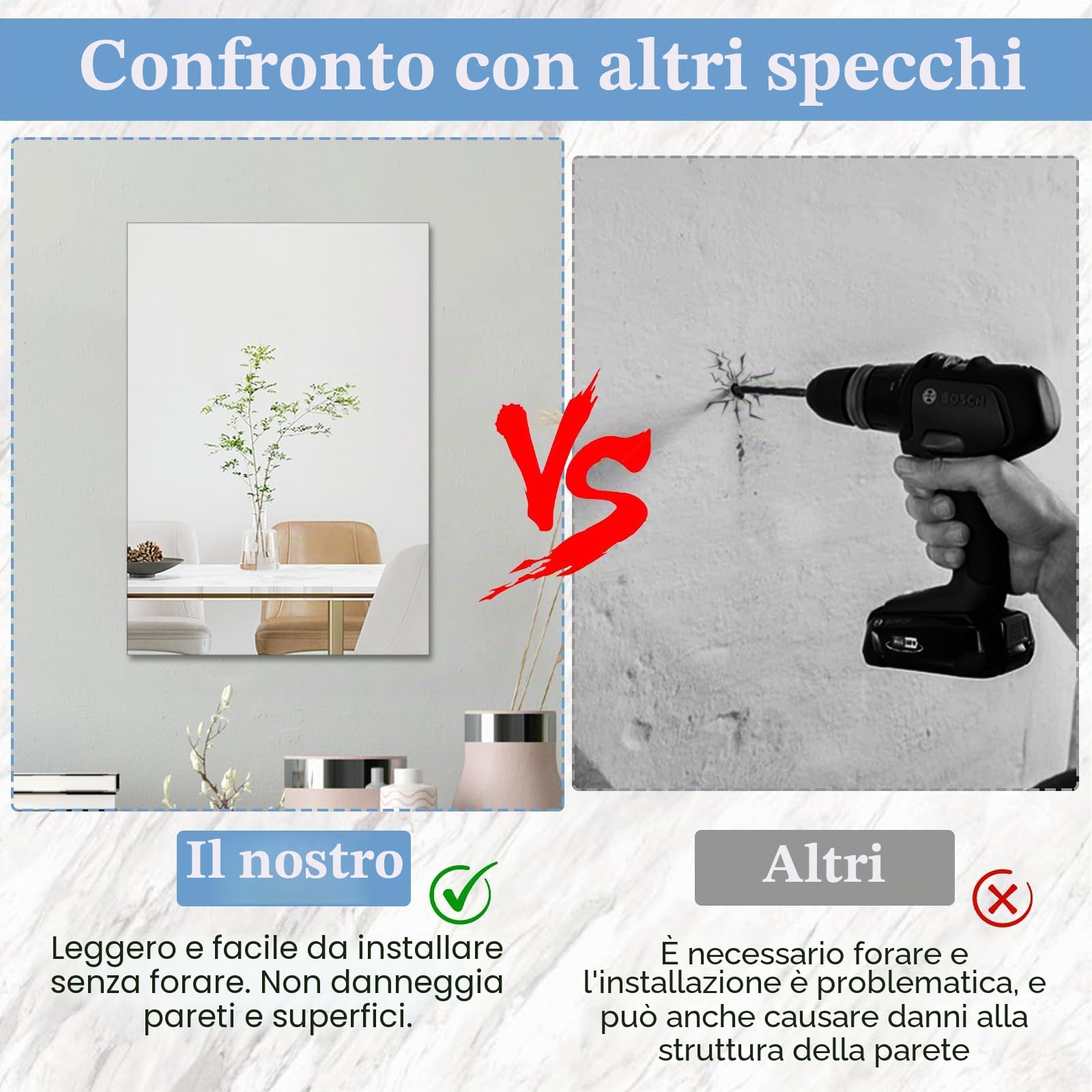 TSKDKIT Specchio da Parete Specchio in Vetro 30 x 21 cm Autoadesivo Specchi da Parete Decorativo HD Senza Cornice Grande per WC Degli ospiti, Bagno, Spogliatoio, Soggiorno