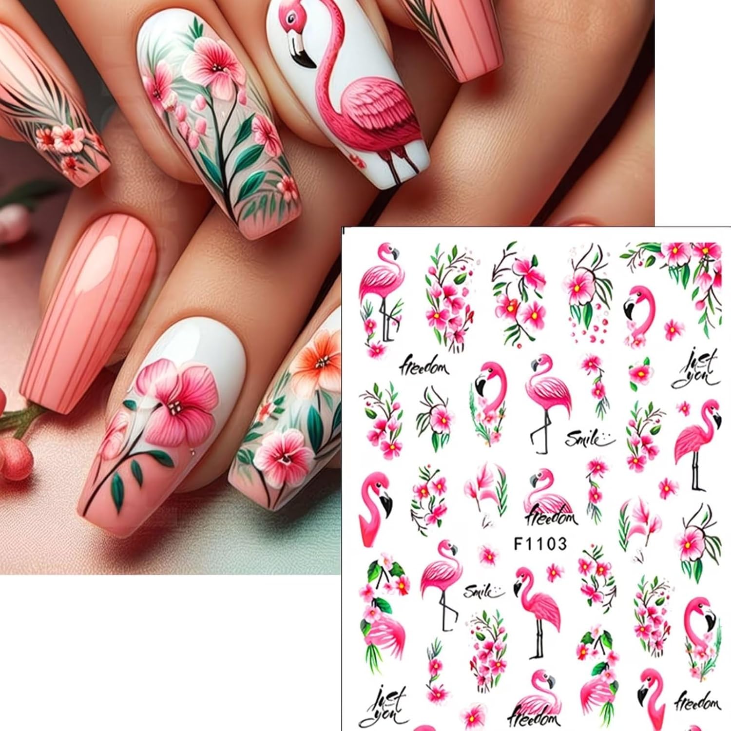 Flamingo Nail Art Stickers 3D Self-Adhesive Flowers Nail Stickers Pink Flamingo Floral Nail Decals Animal Flower Design Cute Spring Summer Nails Art Supplies for Women Manicure Decoration 6 Sheets