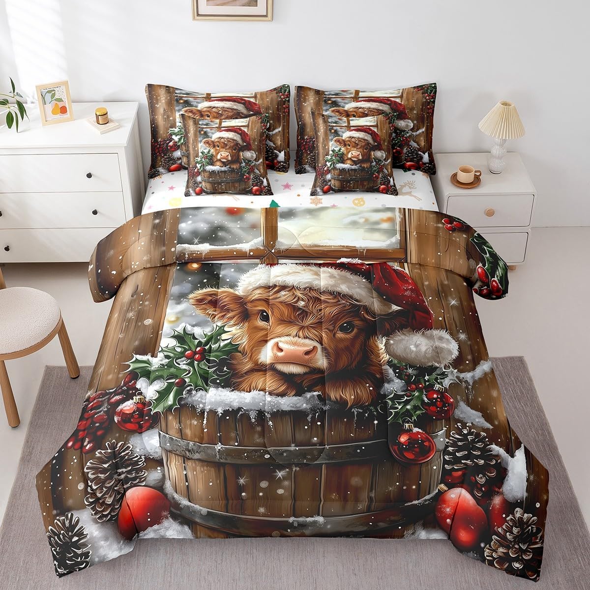 Feelyou Boys Girls Highland Cow 7 Pieces Bedding Set Queen Size, Christmas Bed in A Bag Kids Western Farmhouse Comforter Set with Sheets Wild Animal Teens Bed Set Bedroom Decor 7Pcs