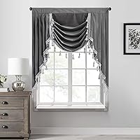 Vista 20 de StangH Cortinas decorativas de lujo, cenefa azul con bloqueo de luz, cenefa festoneada para ventana pequeña con bolsillo sólido para barra, cortina