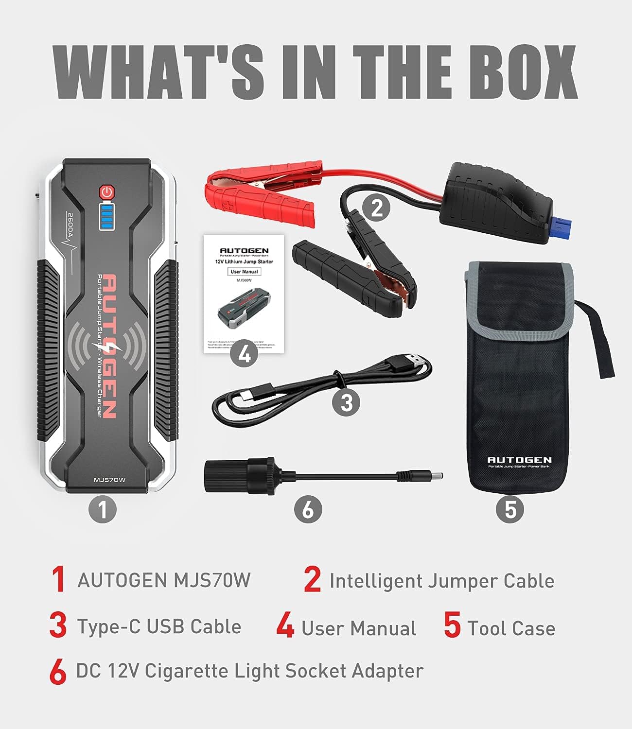Contents of the AUTOGEN MJS70W Car Jump Starter package, including the main unit, jumper cables, USB-C cable, user manual, tool case, and DC 12V adapter.