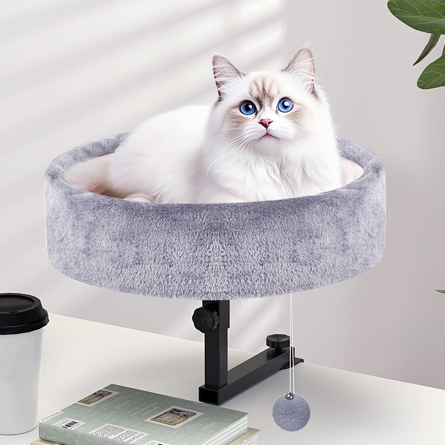 Chumajor Cat Desk Bed - 360° Rotating & Adjustable, Supports 44 lbs, Soft Faux Fur with Dual-Sided Reversible Mat, Modern Indoor Cat Nest Furniture for Office Desks and Game Tables, Island Table