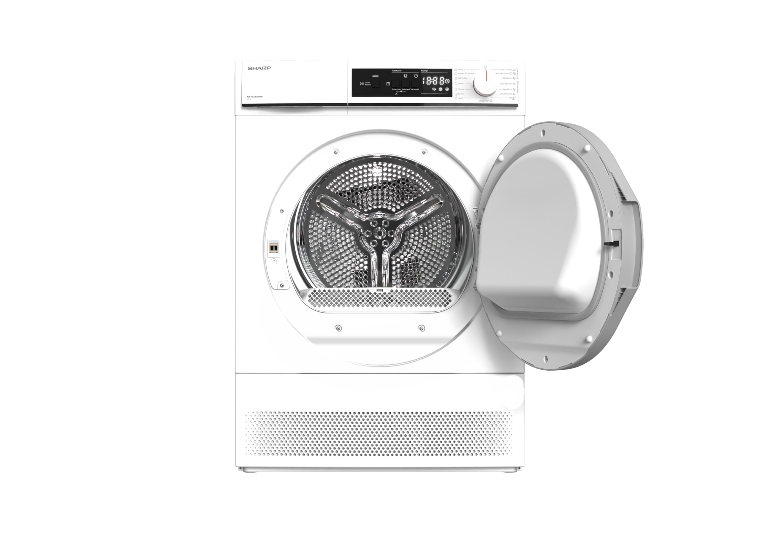 Sharp KD-NCA8S7PW91-DE Kondenstrockner Frontlader, 8 kg, 15 Trockenprogramme inkl. 12-Minuten-Schnelltrocken, Schontrommel, LED-Innenbeleuchtung, Kindersicherung, Weiß