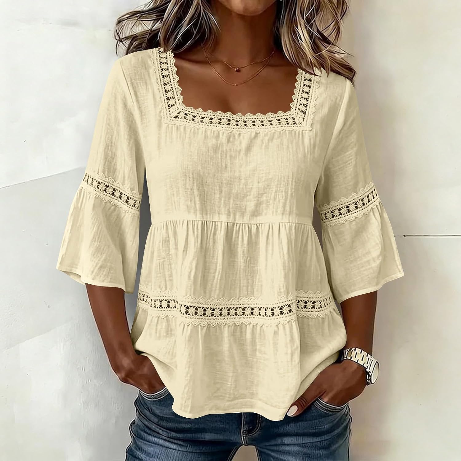 Womens Blouses Cotton Linen Tops Square Neck Lace | Womens Cotton Linen Tops Square Neck Lace Eyelet 3/4 Sleeve Shirts Summer Casual Loose Fit Gauze Blouses