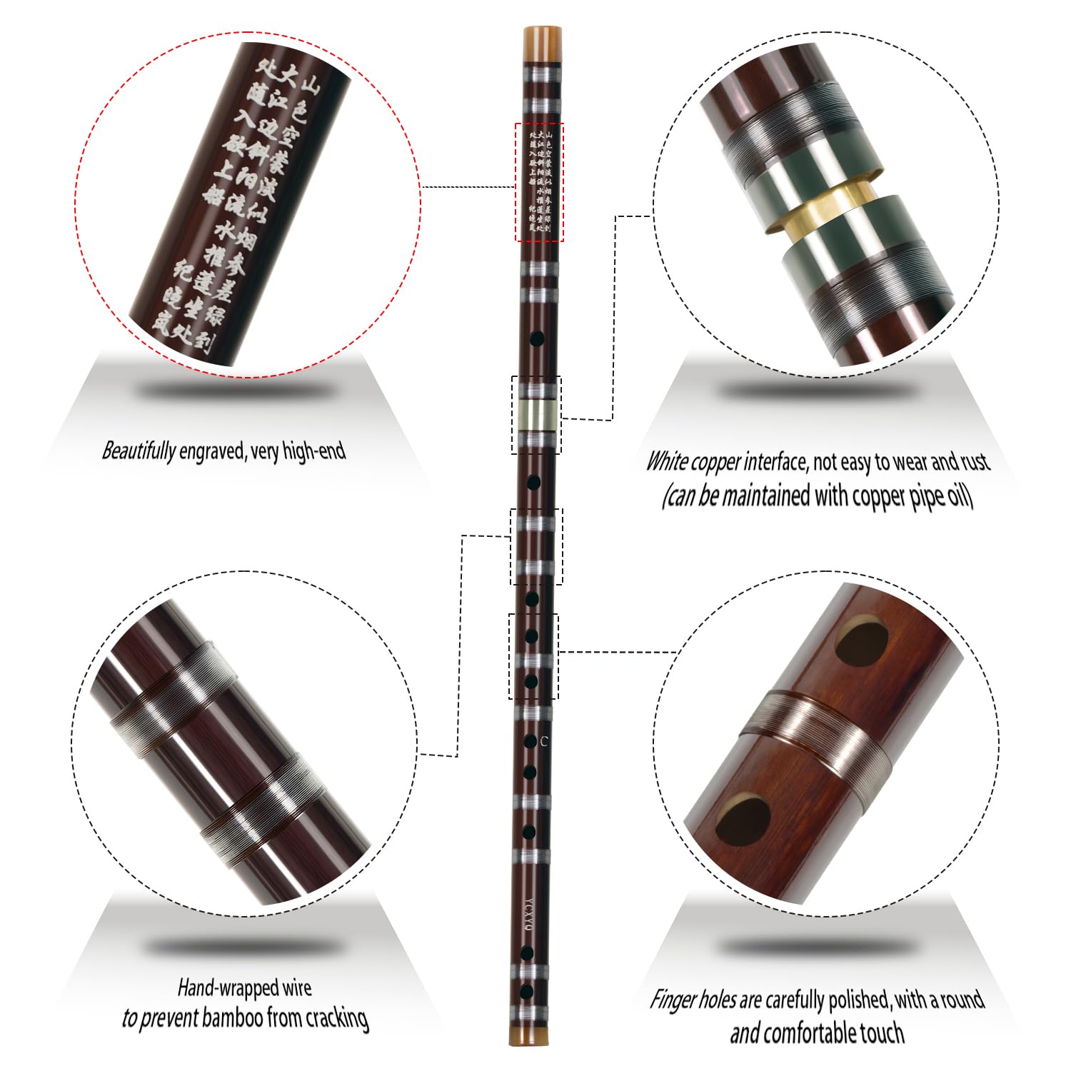 YCXYQ C Key - Bamboo Flute Professional Bitter Bamboo Dizi Handmade Traditional Chinese Musical Instrument Suitable for Beginners