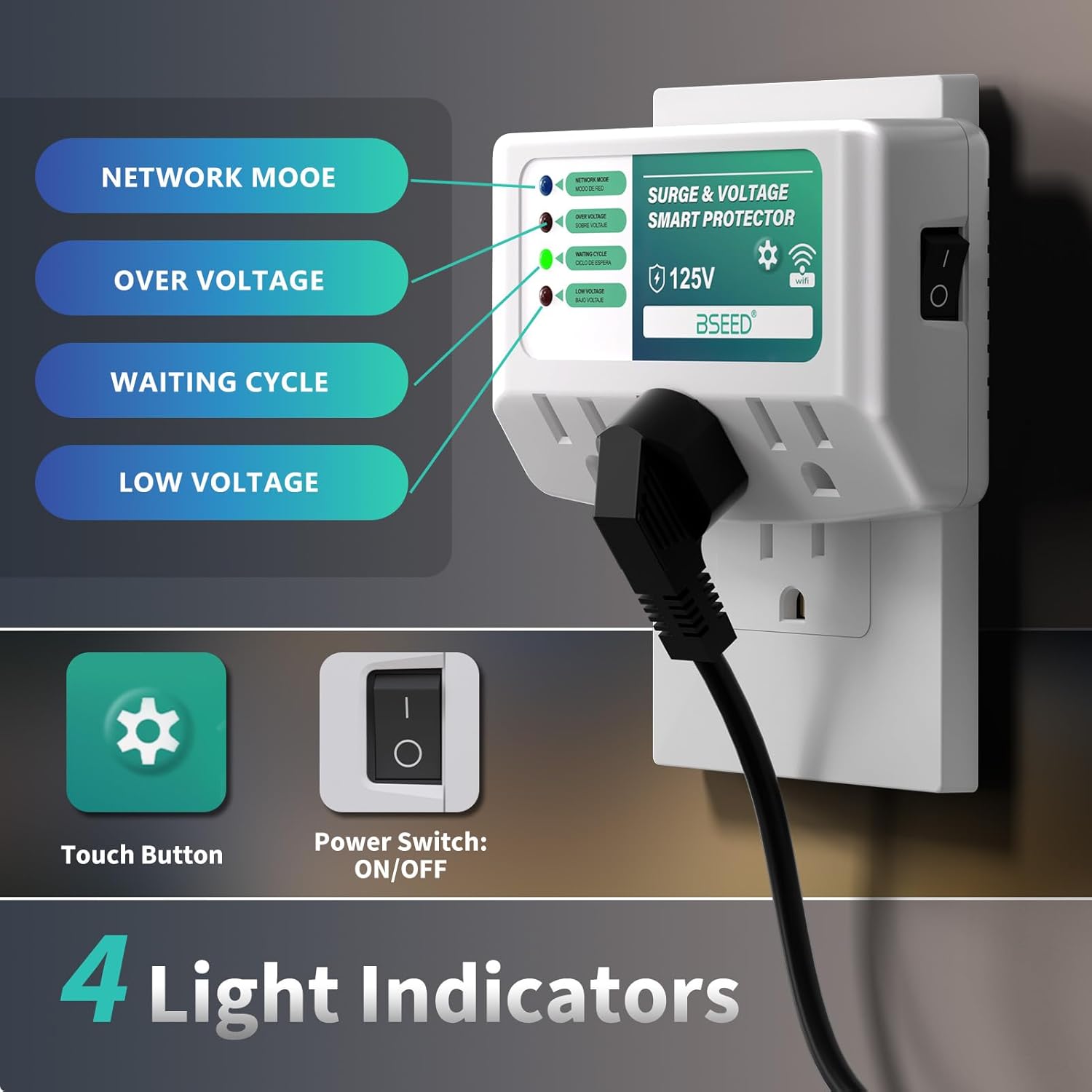 BSEED WiFi Smart Plug, 3 Outlet Surge Voltage Protector with Light Indicator, APP Control, Energy Monitoring, Wall Mount Power Suppressor for Refrigerator/TV/PC, 125V/1875W, FCC Listed,2 Pack