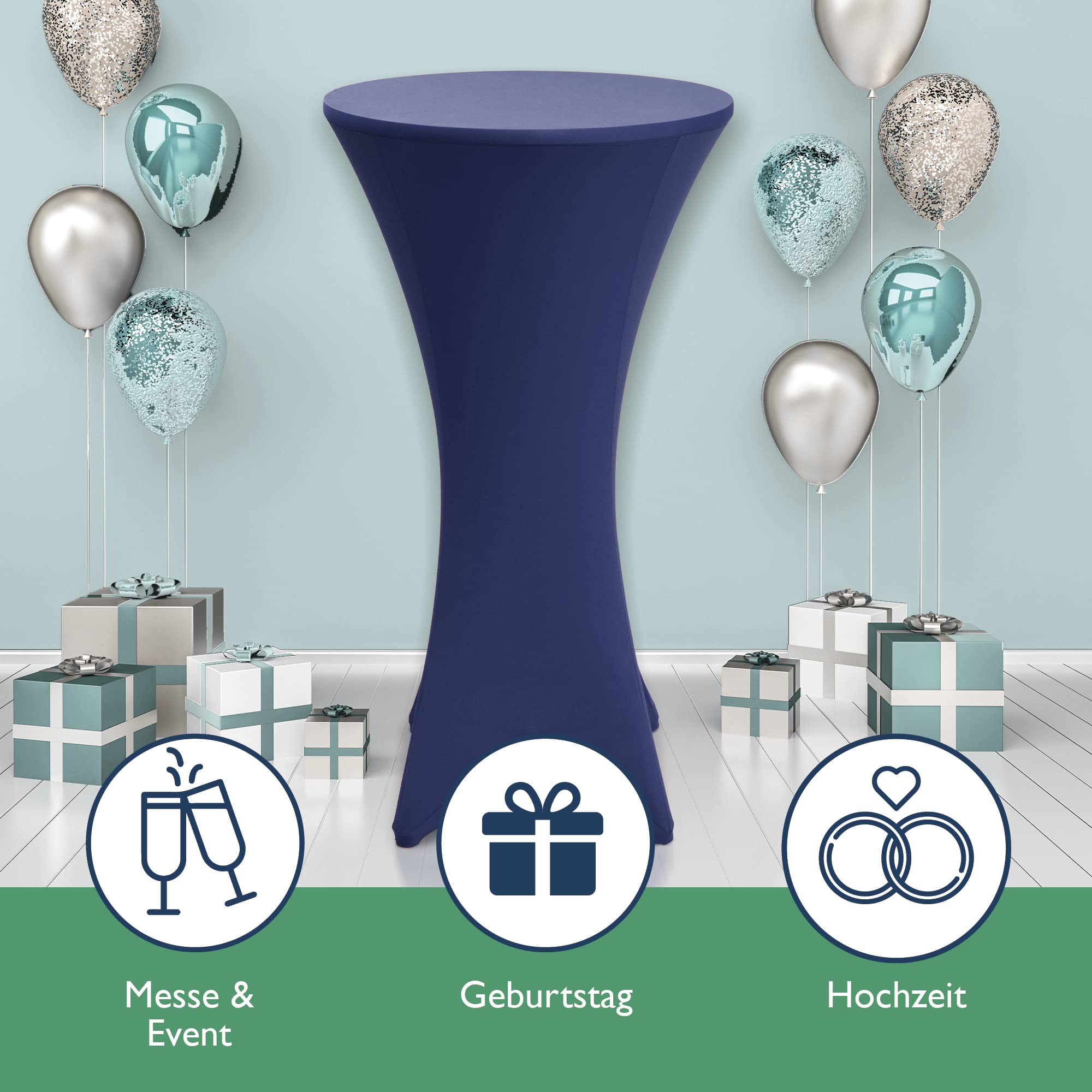 Beautissu Stehtisch mit Hussen – Klappbarer Stehtisch 70 cm Grau inkl. Stretchhusse Blau – rutschfest, Waschbar & Bügelfrei – Outdoor Bistrotisch Kratzfest & Wetterfest Bellini & Stella
