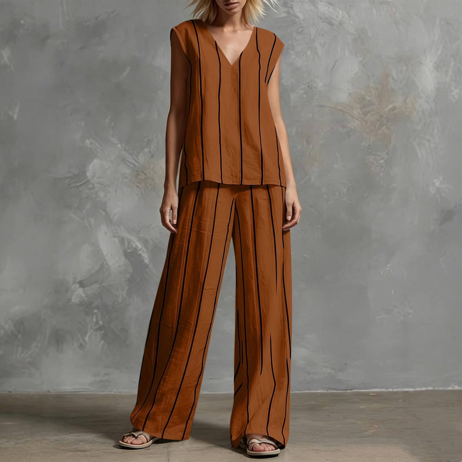 Women's Fashion Striped Two Piece Sets Sleeveless V Neck Tank Tops Wide Leg Soft Work Trousers with Pockets