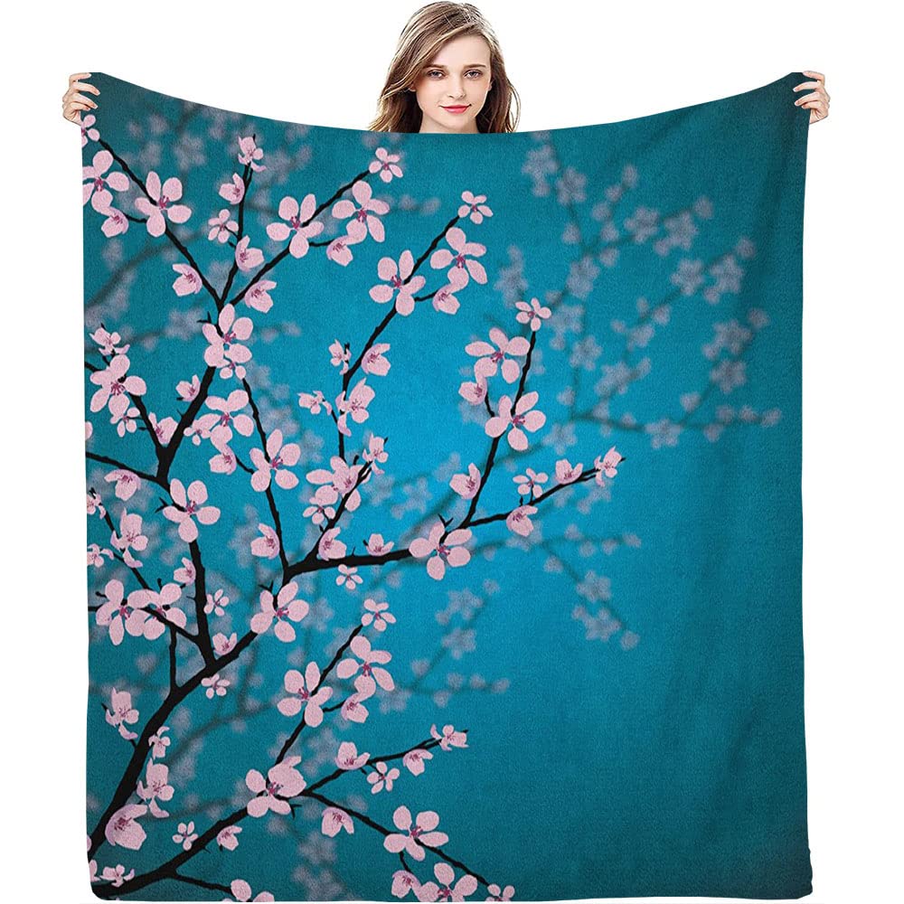 Gifts Blanket, Pink Blossoms Art Leaves and Plants Ombre, Keep WarmTeal Soft and Cozy Throw Blankets, 50 x 60inches, Living Room, Teal Pink