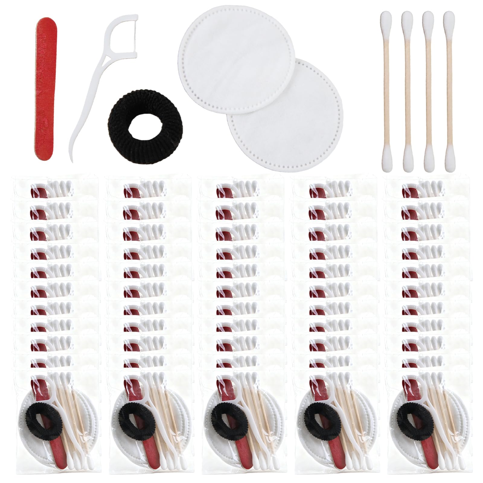 Lot de 100 articles de toilette pour hôtel, voyage et vie quotidienne Articles de toilette emballés individuellement, kit de vanité d'hôtel avec cotons-tiges, fil dentaire et lime à ongles