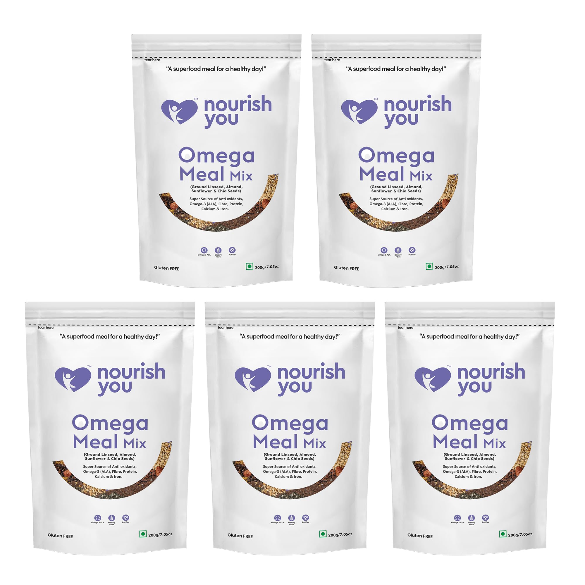 Nourish You Omega Meal Mix 200g | Omega 3 Rich Superfood Seed Mix with Ground Flaxseed, Chia Seeds, Almonds & Sunflower Seeds | High Fibre Plant Protein | Gluten Free Healthy Meal Booster | pack of 5
