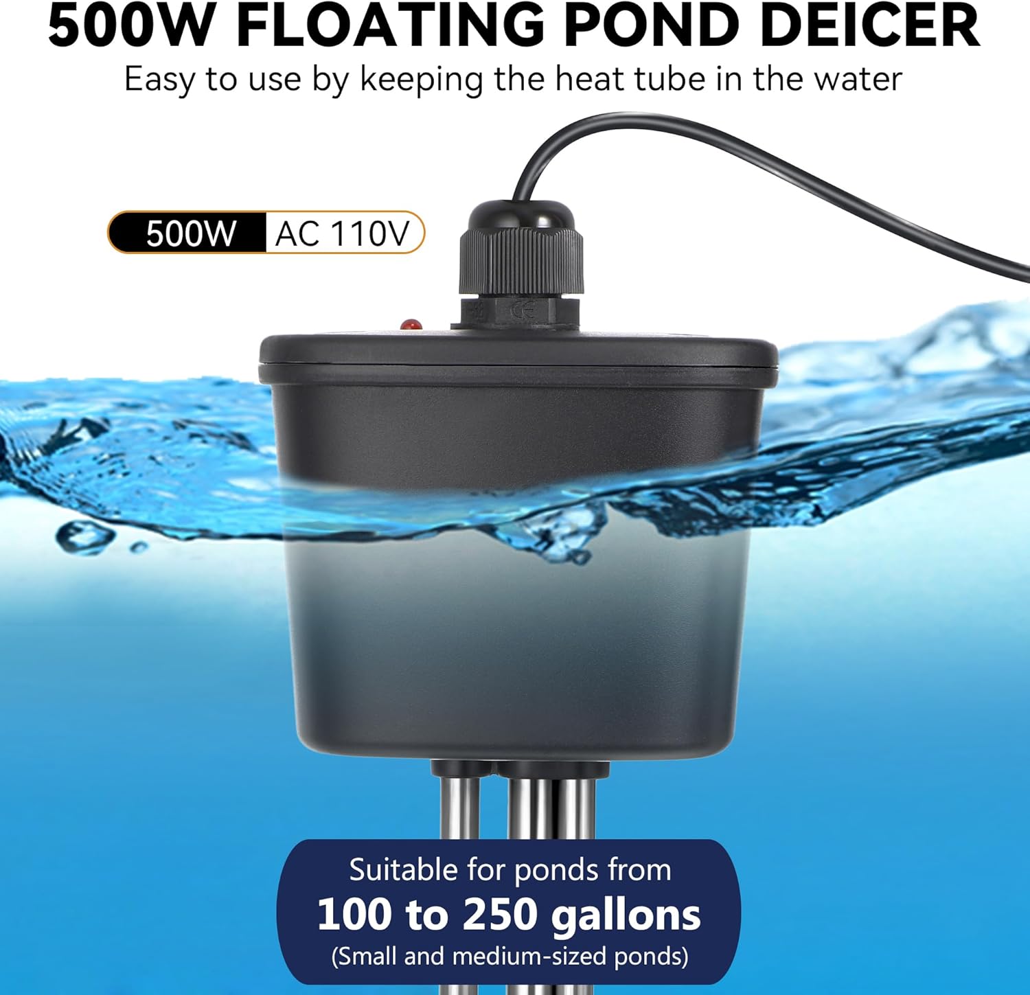 Saillong Pond Heater, Floating Deicer Heater for Outdoor Ponds, Koi Fish Warmer with Temperature Control and Power Indicator(500W, for Ponds from 100 to 250 gal) - Image 6