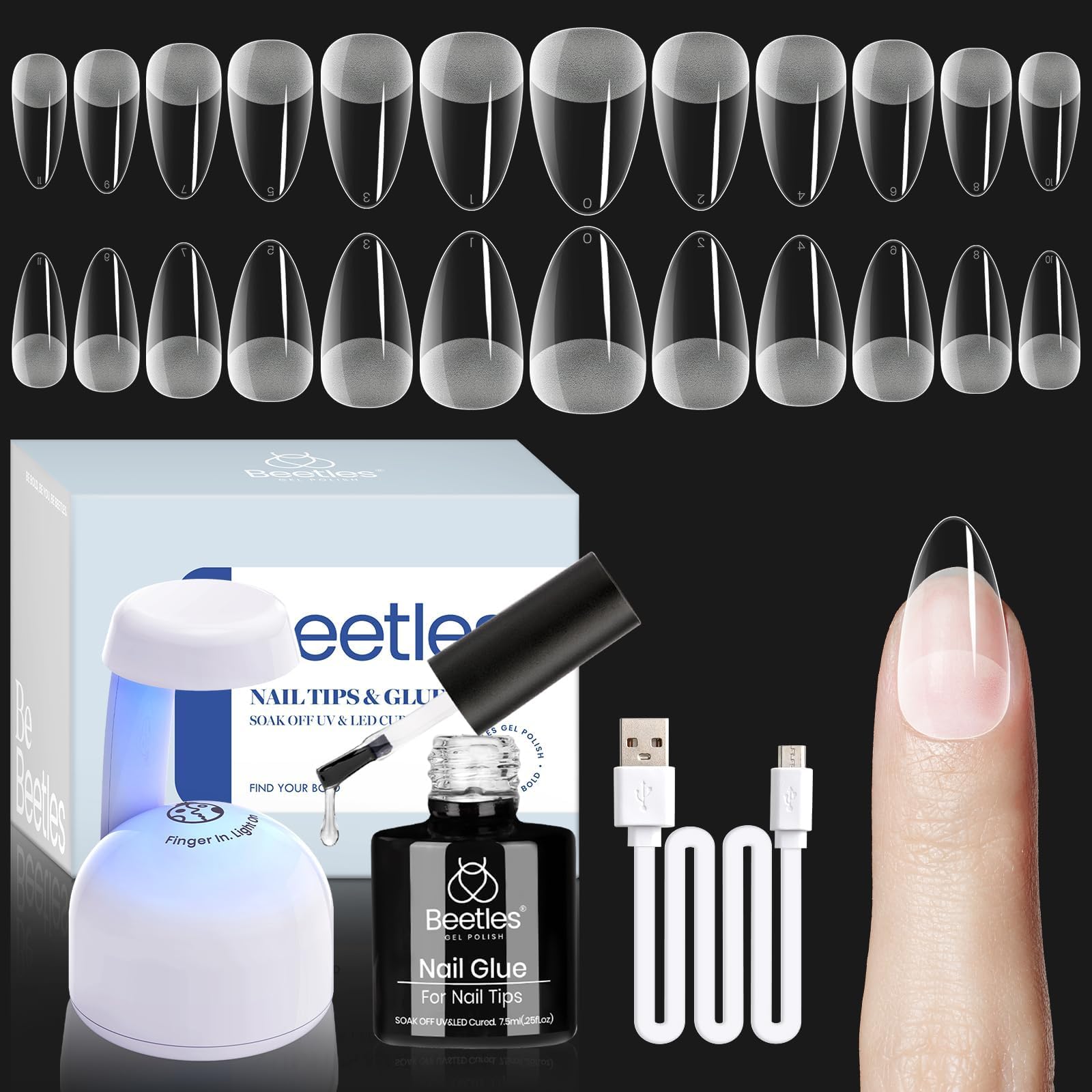 Beetles Nail Tips Kit Almond, 504 Pieces Nails for Sticking Kit Easy Nail Extension Set Etch X Nail Tips for Gel Nails Short Medium Almond Half Matte Nail Tips 5 in 1 Nail Glue UV LED Nail Lamp DIY