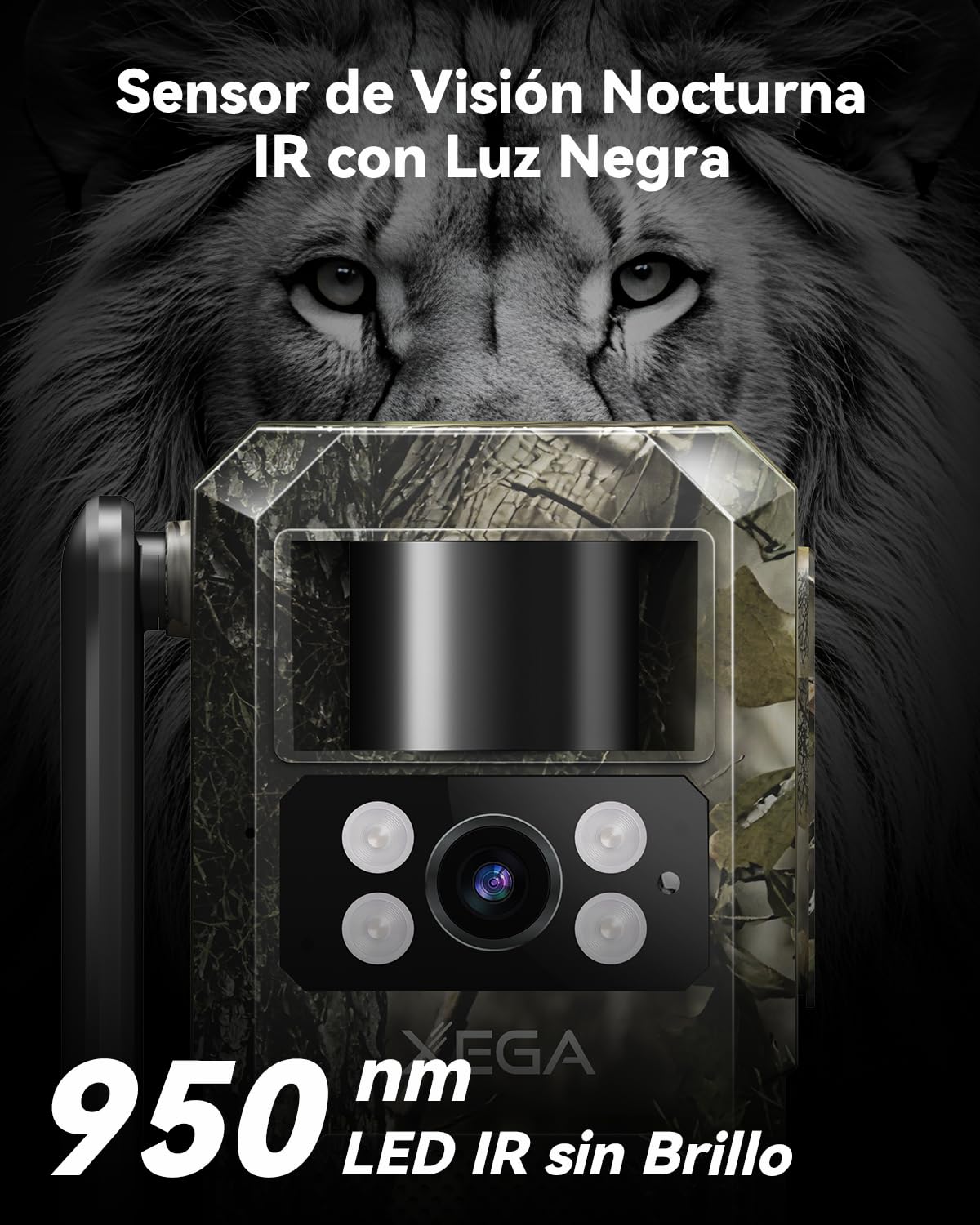 Xega 4G LTE Cámara de Caza Solar con Tarjeta SIM, Cámara Fototrampeo sin WiFi, 7800 mAh Batería, Visión Nocturna 950nm Infrarrojos Invisible, Audio de 2 vías, 0,2s Activación, IP66 Impermeable