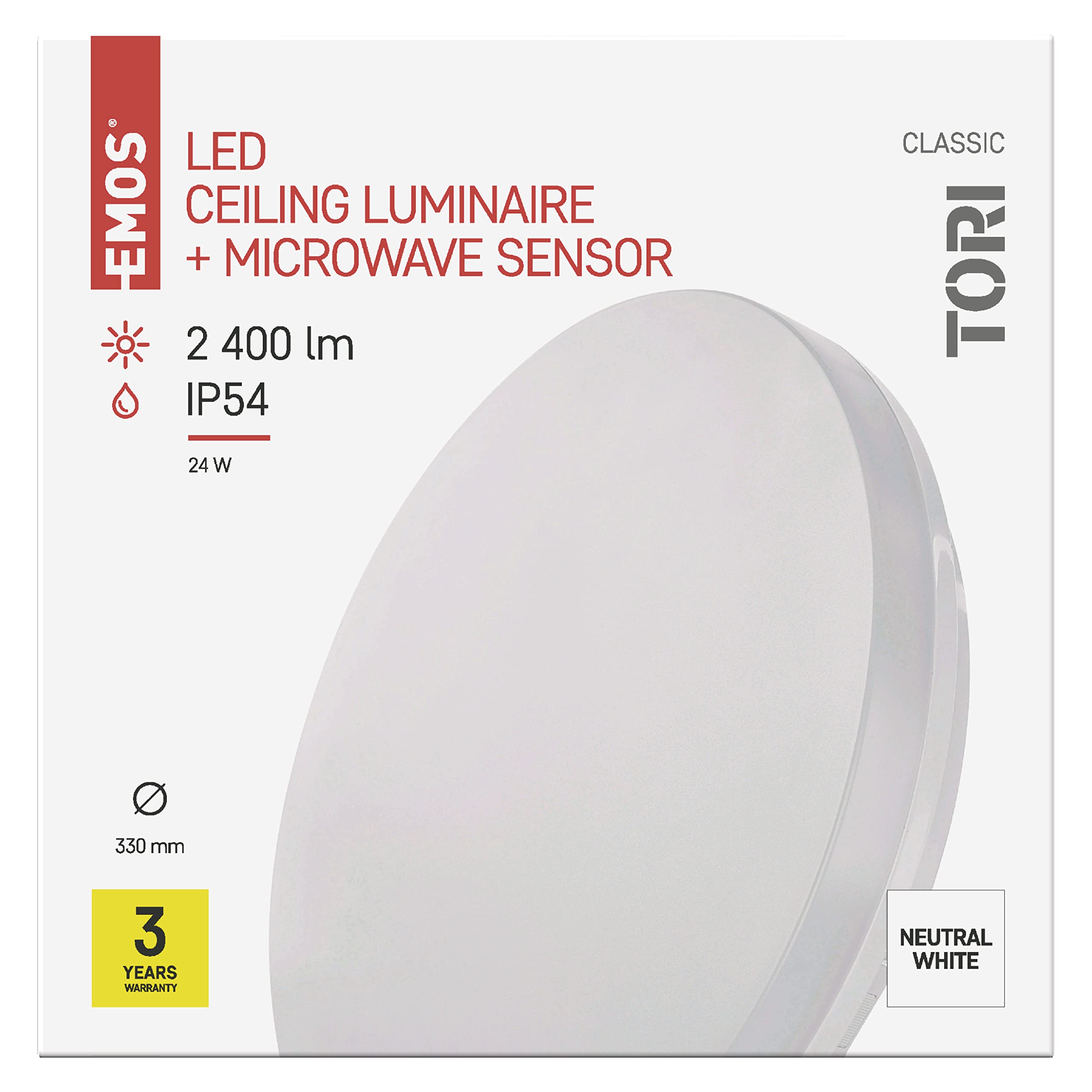 EMOS LED-Deckenleuchte TORI 24 W mit MW-Sensor, wasserdicht für Außen und Innen, Helligkeit 2400 lm, neutralweiß 4000K, Deckenlampe für Flur, Bad, Küche, Balkon, Terrasse, rund, 33 cm, ZM4329