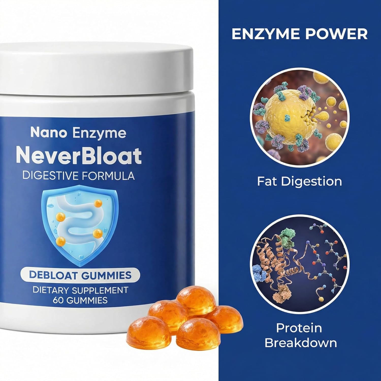Nano Digestive Enzyme Gummies with Probiotics – NeverBloat Formula for Daily Digestive Support, Helps Relieve Bloating & Gas, Chewable Enzyme Complex - 60 Gummies