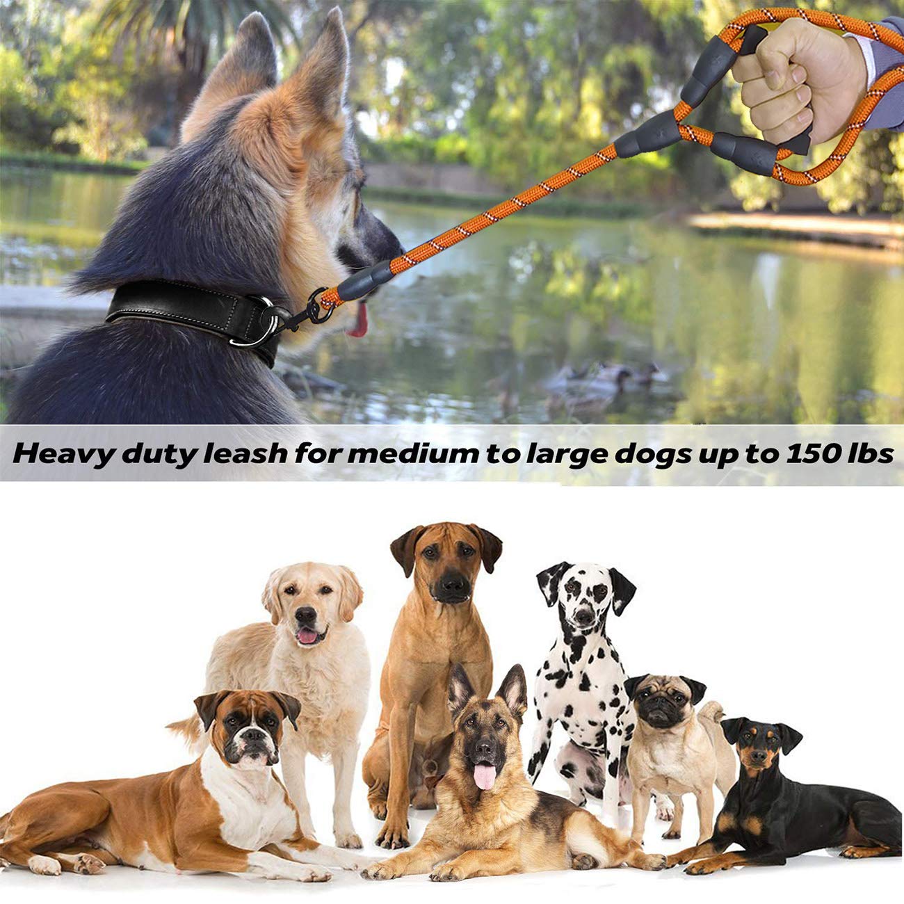 JSXD Correa resistente de doble asa para perro, 5 pies con cómoda cuerda acolchada y reflectante para perros pequeños, medianos y grandes (cuerda naranja)
