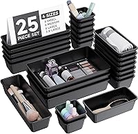 BiuLeon 25 Pack Plastic Drawer Organizers - 4 Sizes for Makeup, Jewelry, Vanity, Desk, Bathroom & Kitchen Storage (Black)
