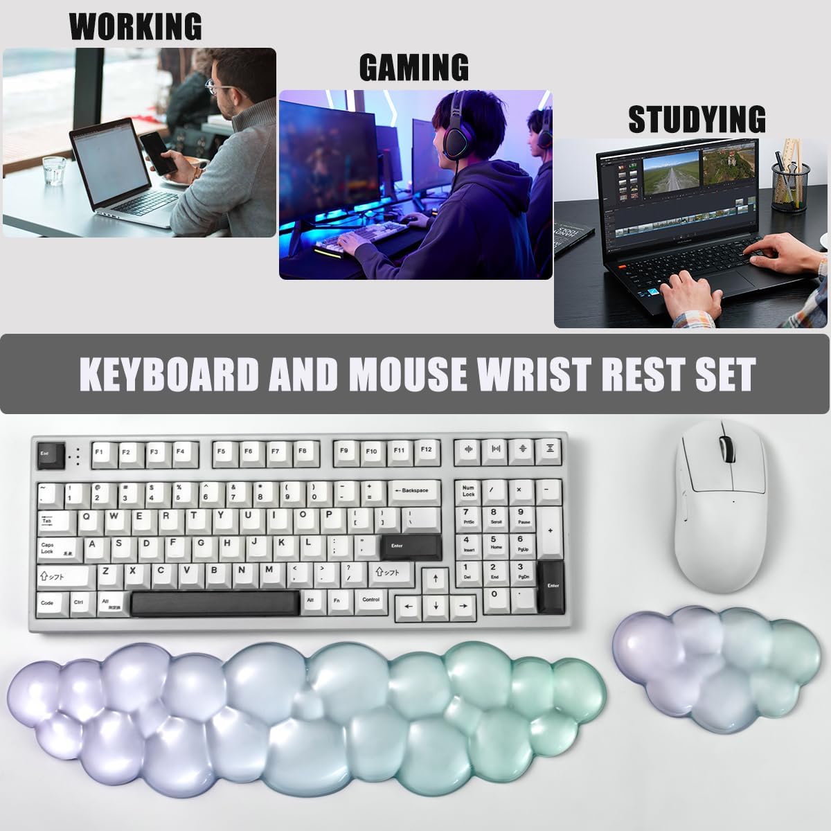 Gel Keyboard and Mouse Wrist Rest Set – Clear Cloud Wrist Rest for Computer Keyboard 60%/68%/75%, Comfort & Support for Typing and Gaming(Purple Green)