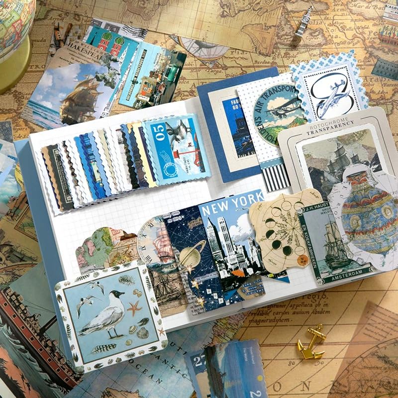 Image of WEMOL Vintage Journal Scrapbook Pack Kit for Art Journaling Bullet, Planners DIY Paper Stickers, Craft Kits Notebook, Collage Album Aesthetic Sticker (Blue Global Travel)