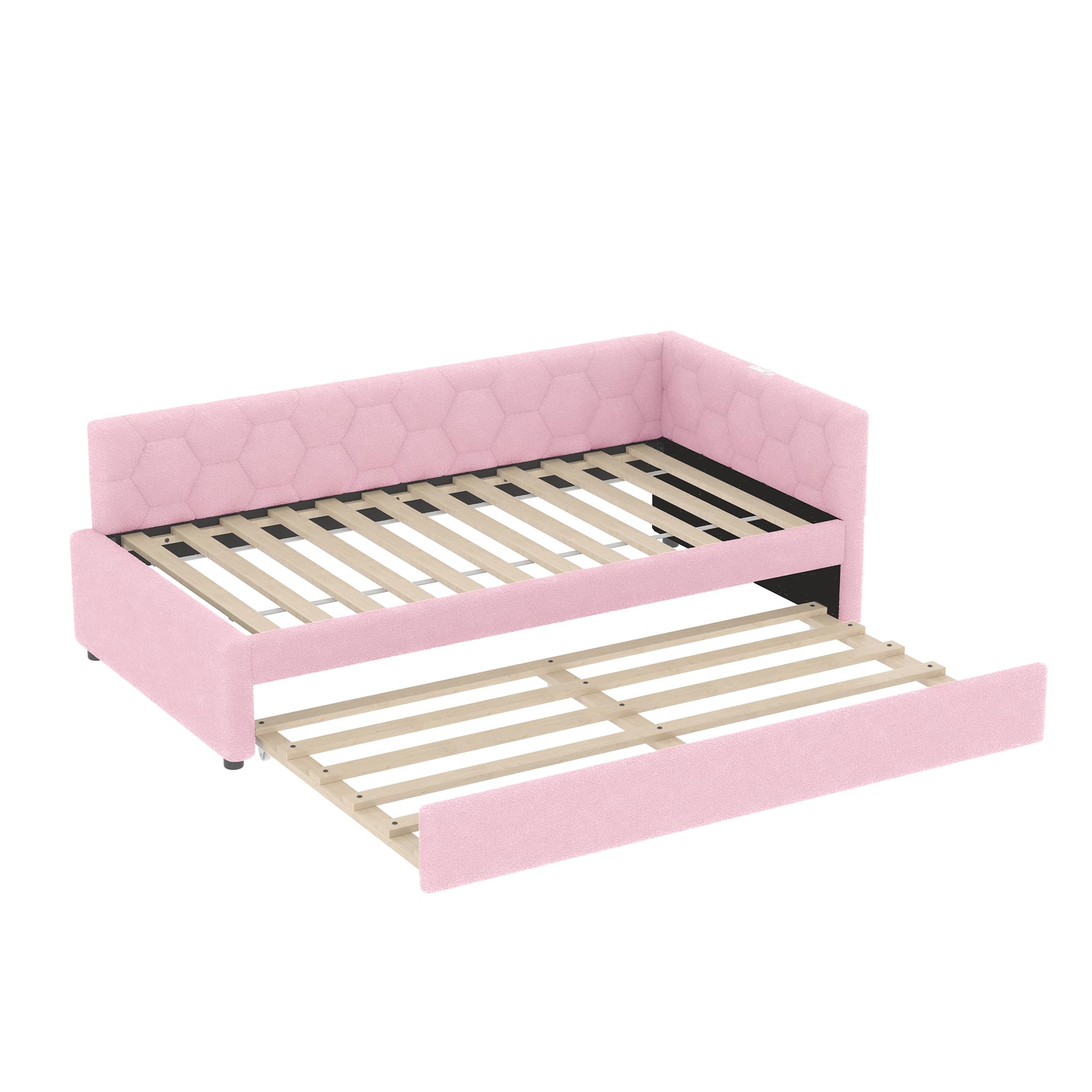 Azkoeesy Cama de día 90 x 200 cm, cama funcional con cama nido, cama tapizada para niña con somier, con USB/tipo-C/luz nocturna de cabecero, funda de forro polar, color rosa