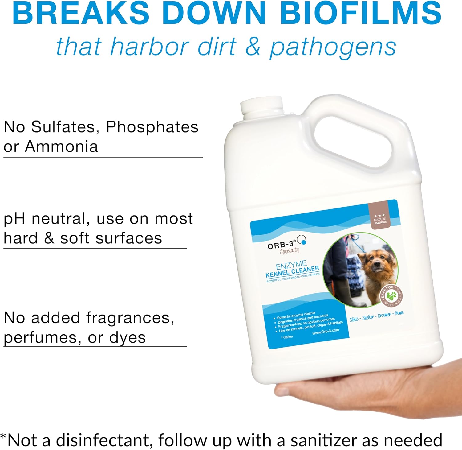 Orb-3 Enzyme Kennel Cleaner, Professional Pet Odor & Stain Remover – Enzymatic Formula for Kennels, Crates, Floors, Carpets & Hard Surfaces, 1-Gallon Jug