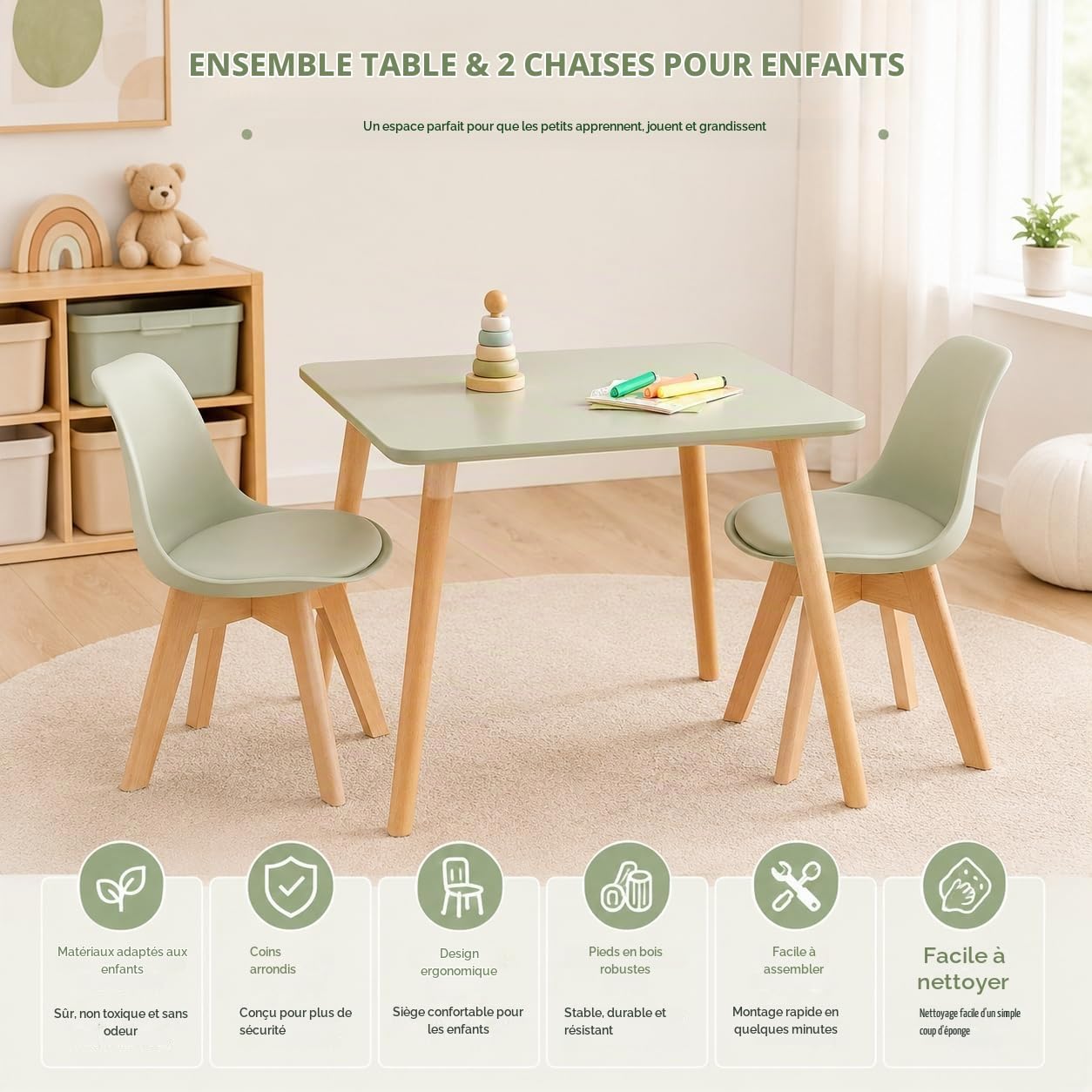 EGGREE Table et 2 chaises Enfant pour Chambre et crèche, Vert | Ensemble enfant 3 pièces : table 56 x 52 x 48 cm, 2 chaises, hêtre massif FSC, coins arrondis, assises faciles à essuyer.