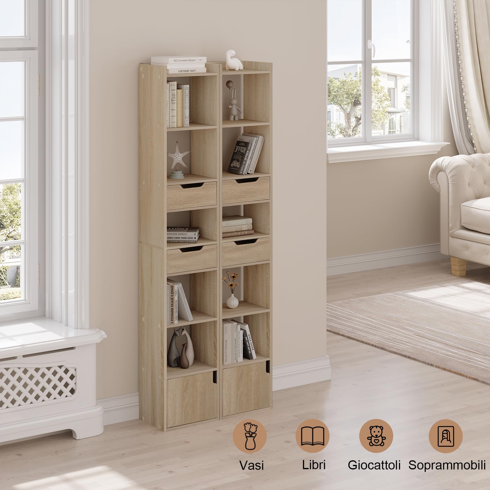 WOLTU Libreria Verticale Autoportante, Scaffale Salvaspazio, Libreria Stretta e Alta, con 2 Cassetti, 6 Ripiani Aperti e 1 Scomparto con Anta, in Legno, Rovere Chiaro, SK042hei