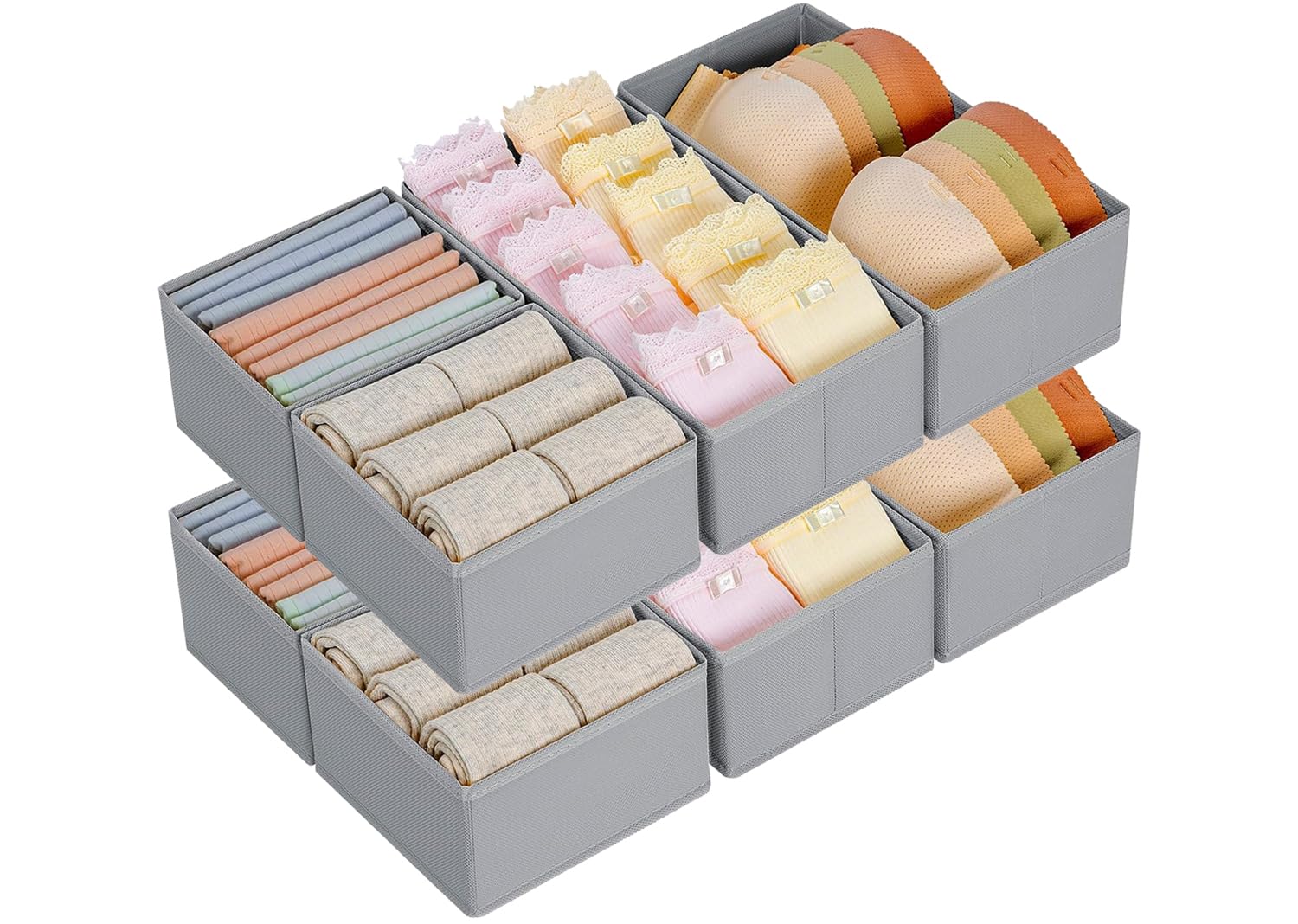 DIMJ Organisateur de Tiroirs De Rangement - Séparateurs de Tiroir Non Tissés, Boîte Organisateur Dressing Rangement Gain de Place Pour Chaussettes, Sous- VêTements, Cravates, 8 Pièces Gris