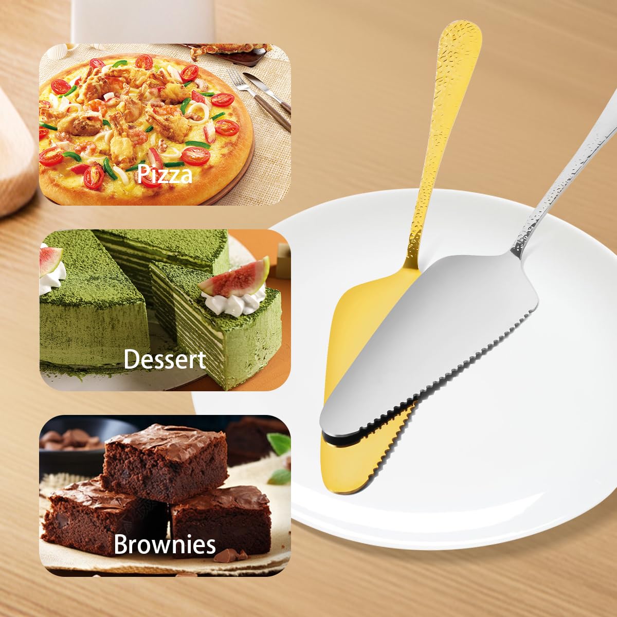 Gold Cake Servers - 10 Pack | Serrated & Hammered -9 Gold Cake Servers - 10 Pack | Serrated & Hammered -9