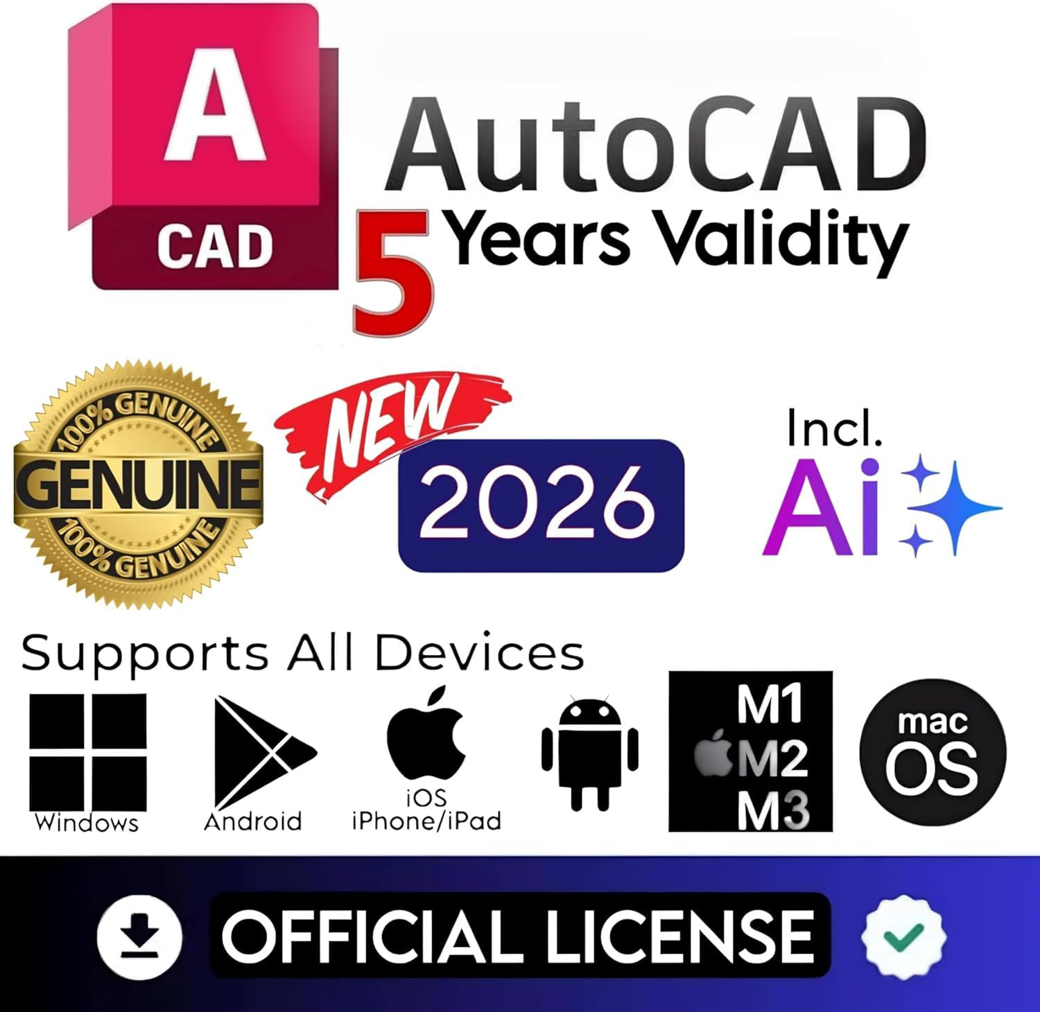 AutoCAD 5 Years Genuine License (Latest 2026 Edition with Ai) 5 Years Subscription NEW 100% Genuine (3 Users/ 3 Devices) (For Windows, MacOS, Android, iOS, M1, M2, M3, M4) (INCLUDES 24+ Specialized Toolsets, architecture, engineering, Agriculture & more.)