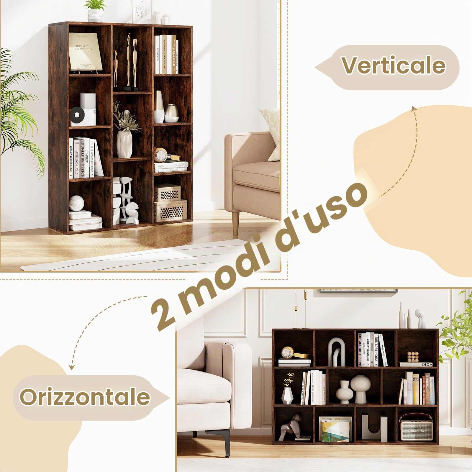 KOMFOTTEU Libreria Aperta con 11 Scomparti, Libreria a Cubi, Arredamento Casa, Scaffale da Ufficio, 74 x 24 x 106 cm (Marrone)