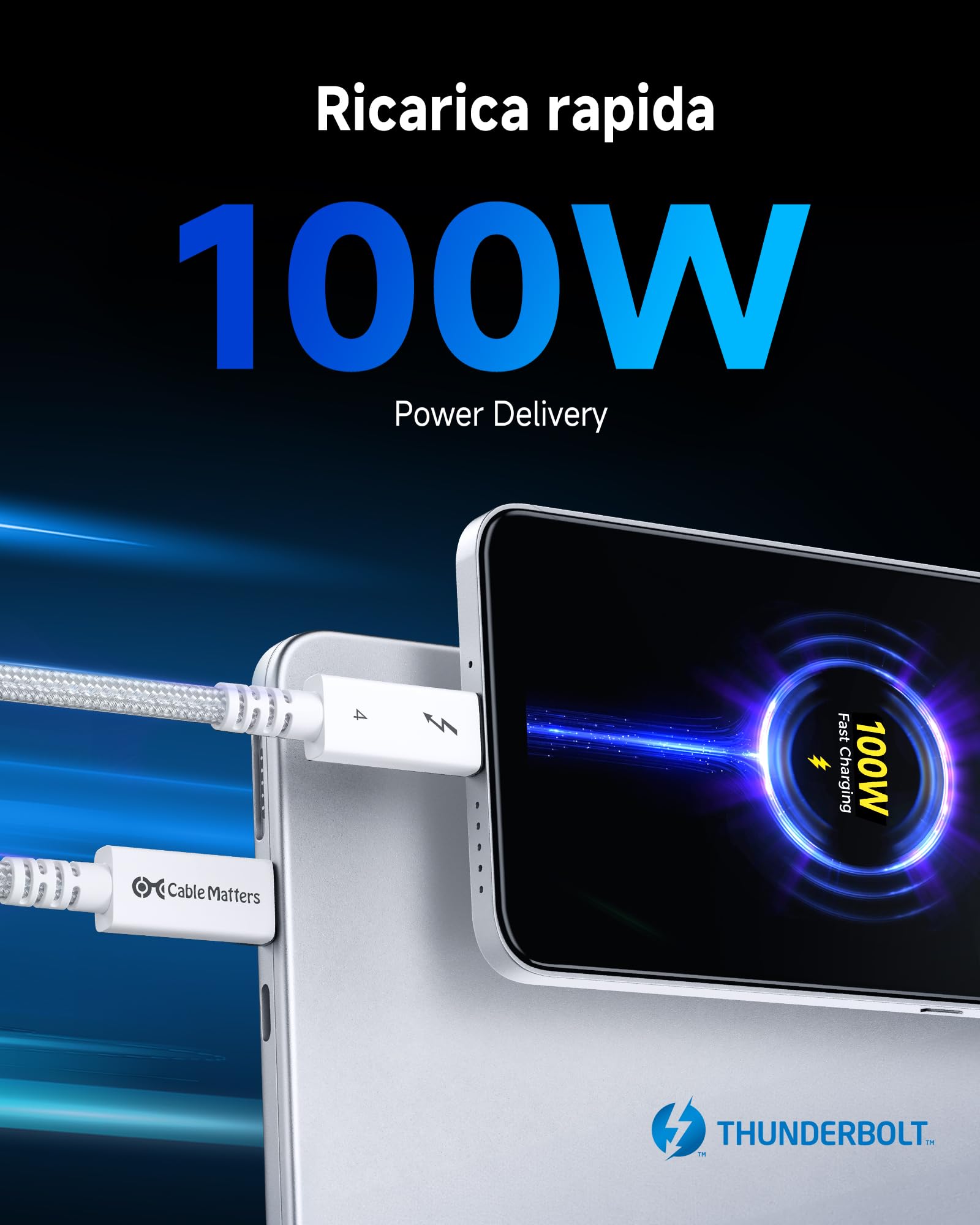 Cable Matters [Certificato Intel] Cavo Thunderbolt 4 attivo 40 Gbit/s, 2 m | Intrecciato, 8K@60Hz / 4K@240Hz video, 100 W ricarica, 40 Gbit/s, Bianco, Attivo, Per Thunderbolt 3, USB4 e USB-C