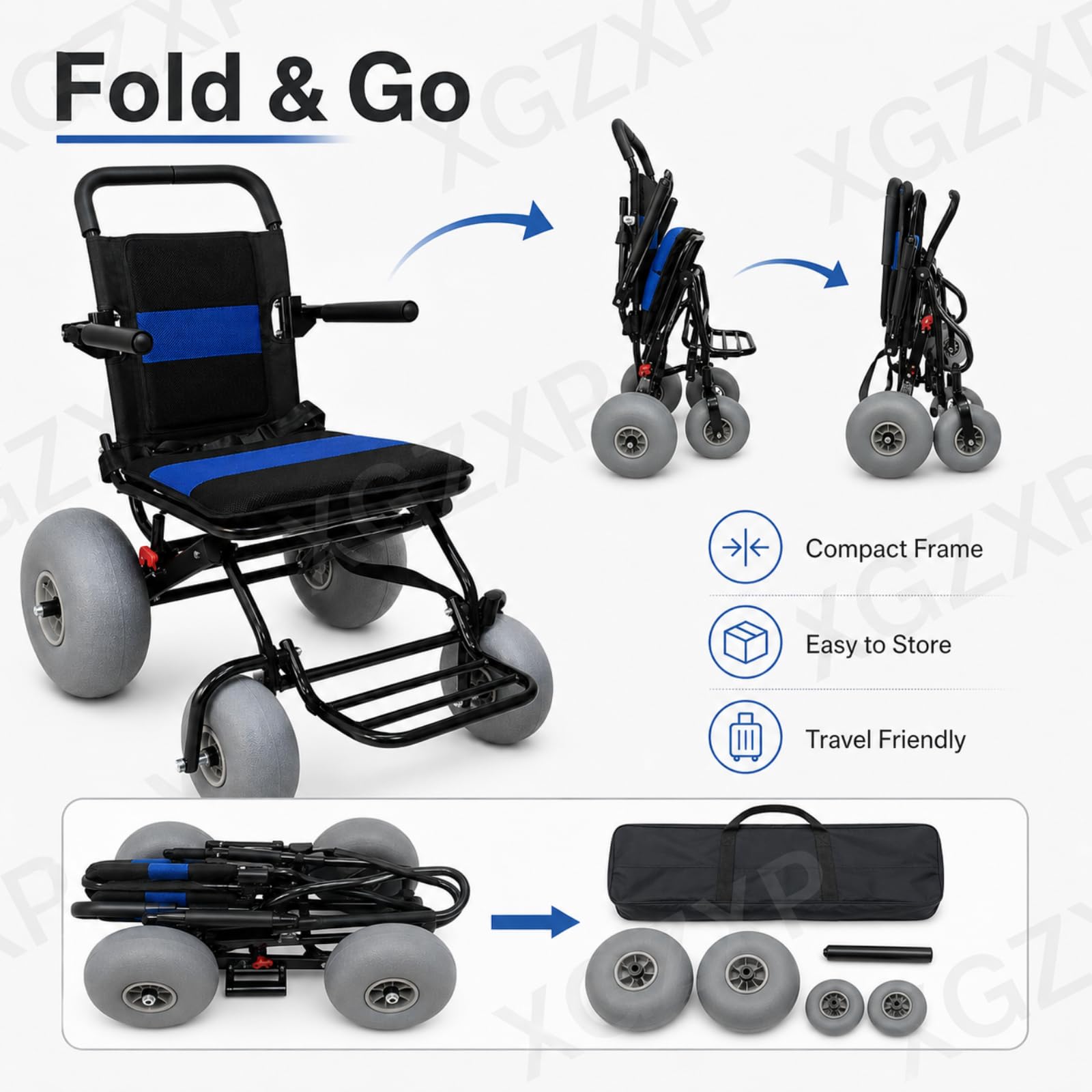 Silla De Ruedas Todoterreno Para Playa, Plegable, Con Neumáticos Anchos, Capacidad De 100 Kg, Reposapiés Plegable, Para Playa, Césped, Grava Y Acceso Al Agua