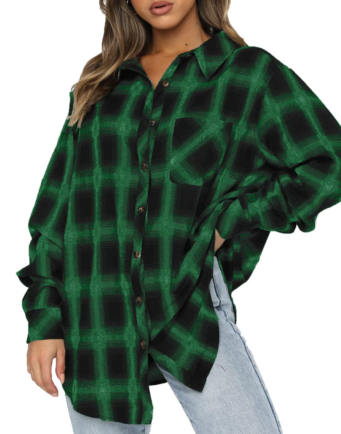 CHYRII - Camisa de franela con botones para mujer, de manga larga, a cuadros, estilo informal, para negocios