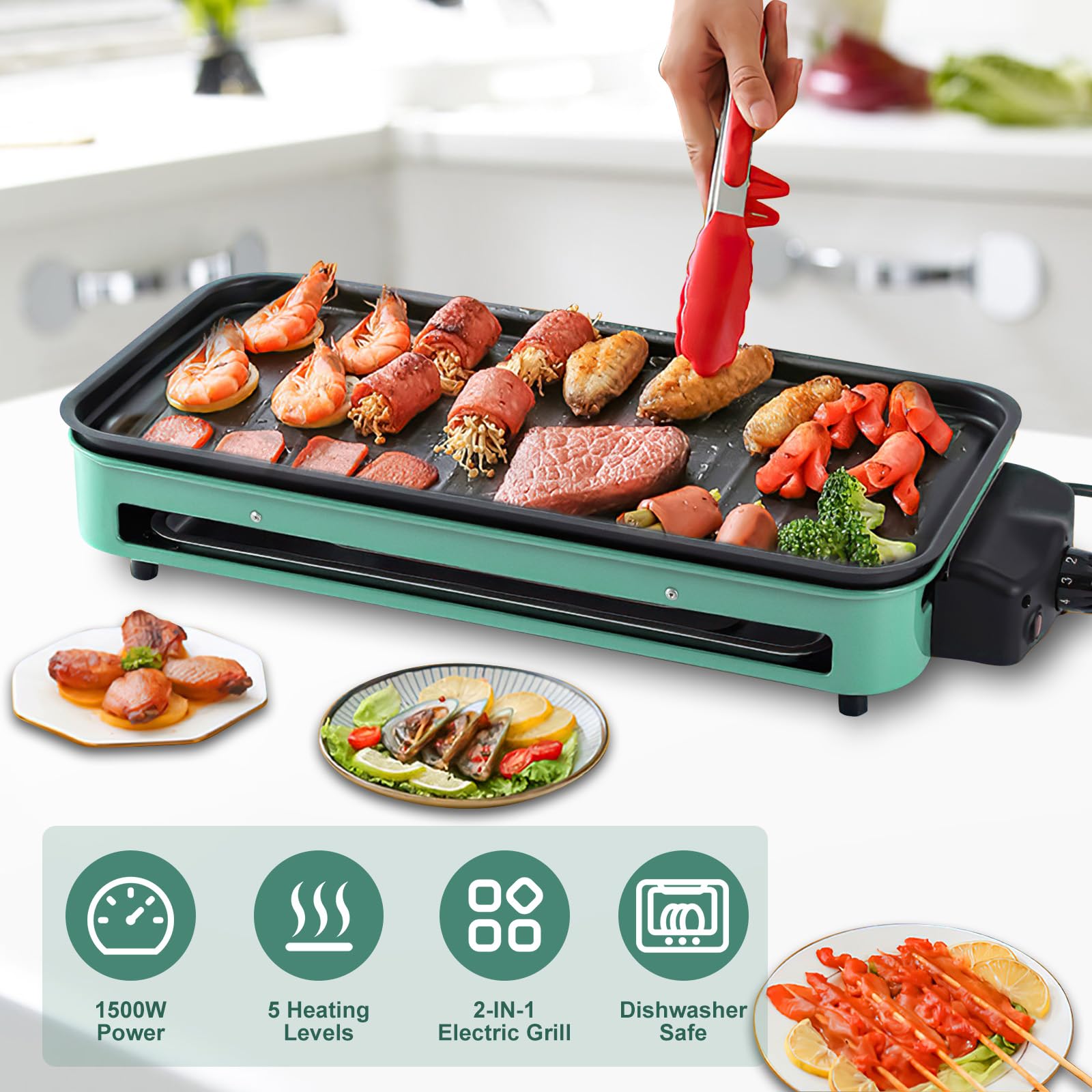 1500W Electric Indoor Grill,2 in 1 Smokeless Indoor Grills,Portable Korean BBQ Raclette Table Grill for Kitchen with Grill Net & Non-Stick Cooking Removable Plate 5 Temperature Control,Dishwasher Safe