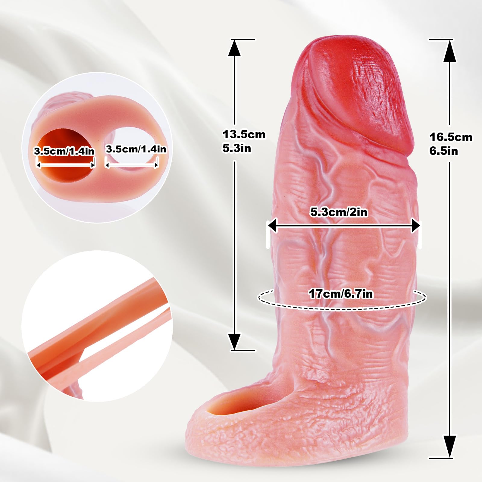 Fodera per pene realistico extra grande, 16,5 cm riutilizzabile, diametro 5,3 cm, con anello spesso per scroto, allargatore del pene, per ritardare l’eiaculazione, giocattolo sessuale maschile