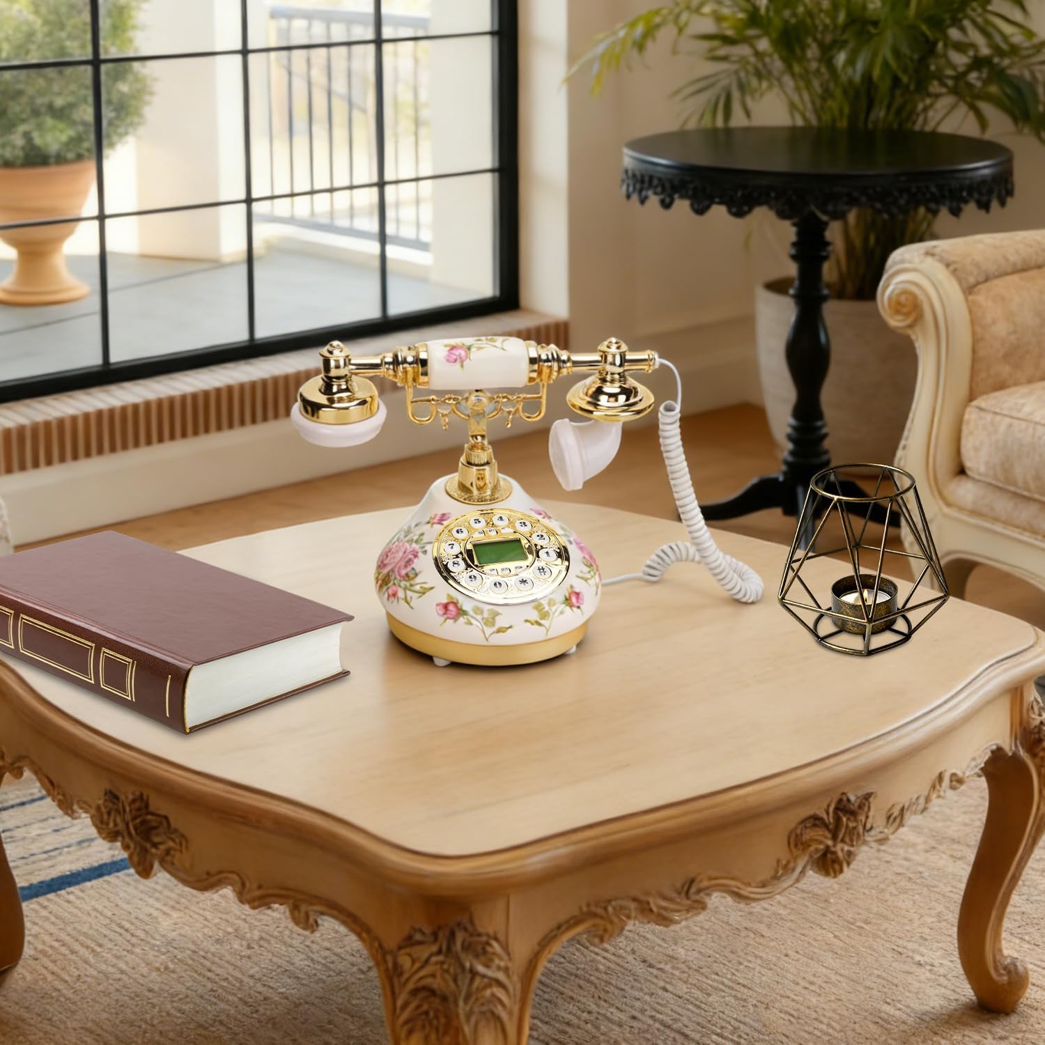 Vintage Rotary Dial Telephone with LCD Screen - Retro Ceramic Corded Landline Phone for Home Office Cafe Hotel Decor, Gift Idea, Antique Style Design(Pink Flower)