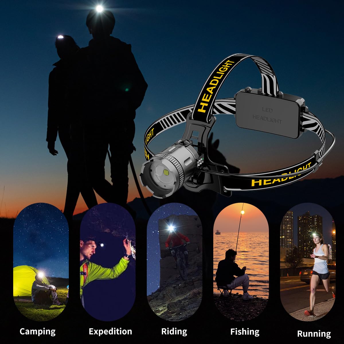 Lampada da Testa LED Ricaricabile, Super Luminosa 30000 Lumen, 3 Modalità di Illuminazione, Lampada da Tasca con Display, Impermeabile IP65, Testa Regolabile a 90°, Lampada da Testa per