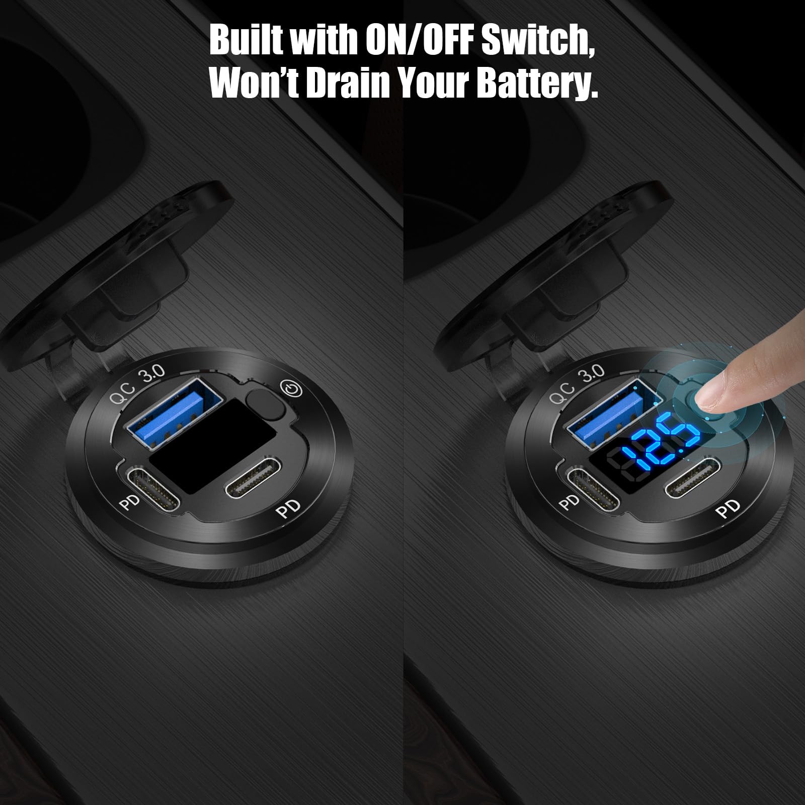 Paquete de 2 salidas USB de 12 V, 3 puertos, cargador de coche de 78 W, doble Pd, USB C, 30 W, carga rápida 3.0, cargador impermeable de aluminio con voltímetro e entrada
