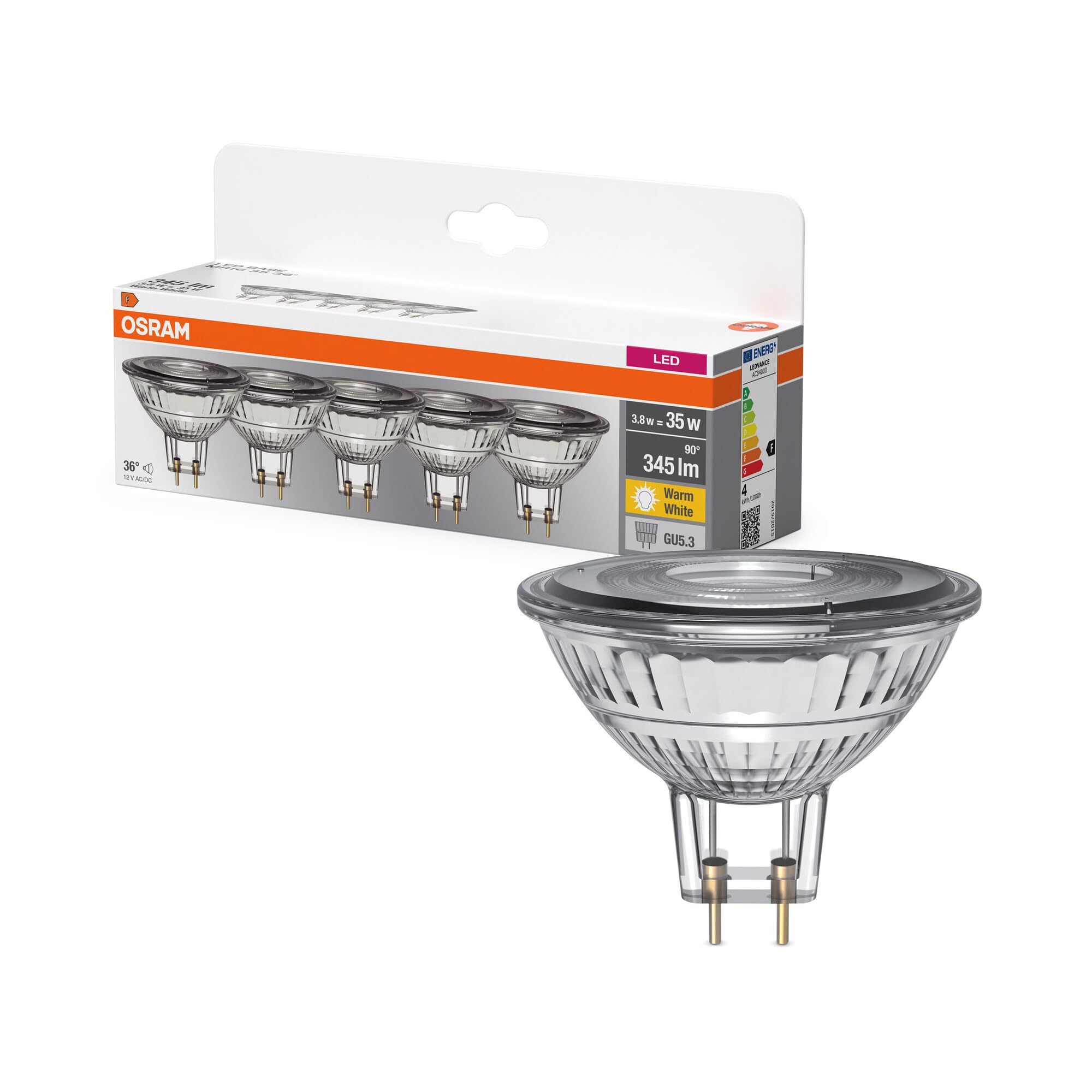 OSRAM LED Base MR16, Pack of 5 Low Voltage Bulbs, Replaces Traditional 35W Reflector Incandescent Bulbs, Warm White (2700K), 3.8W, GU5.3 Socket, Frosted Glass, Non-dimmable