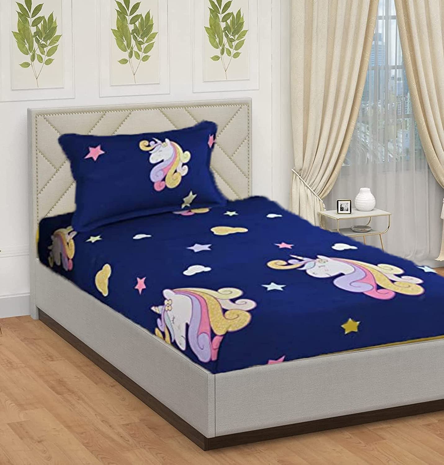 Akshya Single Size Bedsheet with Elastic Fitted | Bedsheets Elasticated Glace Cotton with 1 Pillow Covers 36x78 Bed Fits Upto 6" inches Matress (Blue Rocket) (B0BVZ2YMS8) Amazon Price History, Amazon Price Tracker