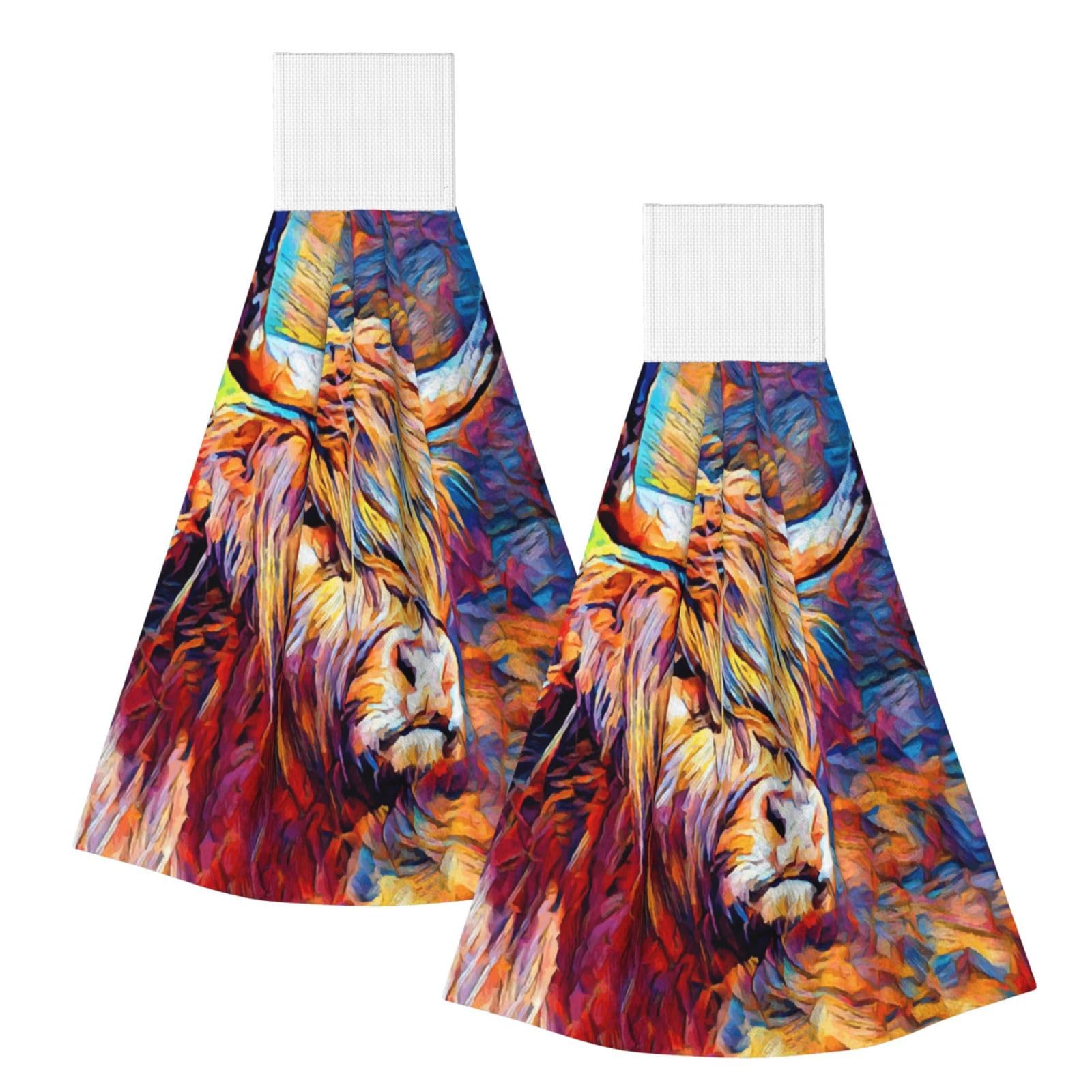 DOPKLNA Highland Cow Printed, 2 Pcs Hanging Coral Fiber Hand Towels for Bathroom, Absorbent Kitchen Towels