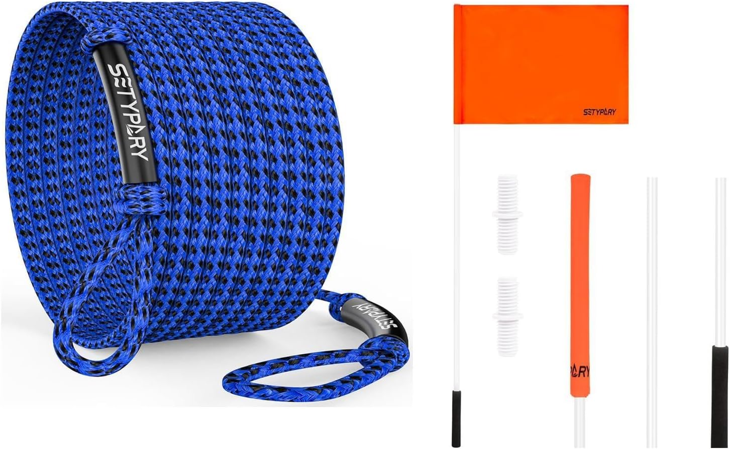 60FT Heavy-Duty Tube Tow Rope (Blue＆Black) & 48" Safety Flag Combo - 4,200LB Floating Rope for 1-4 Riders & High-Visibility Skier Down Flag for Safe Boating & Watersports