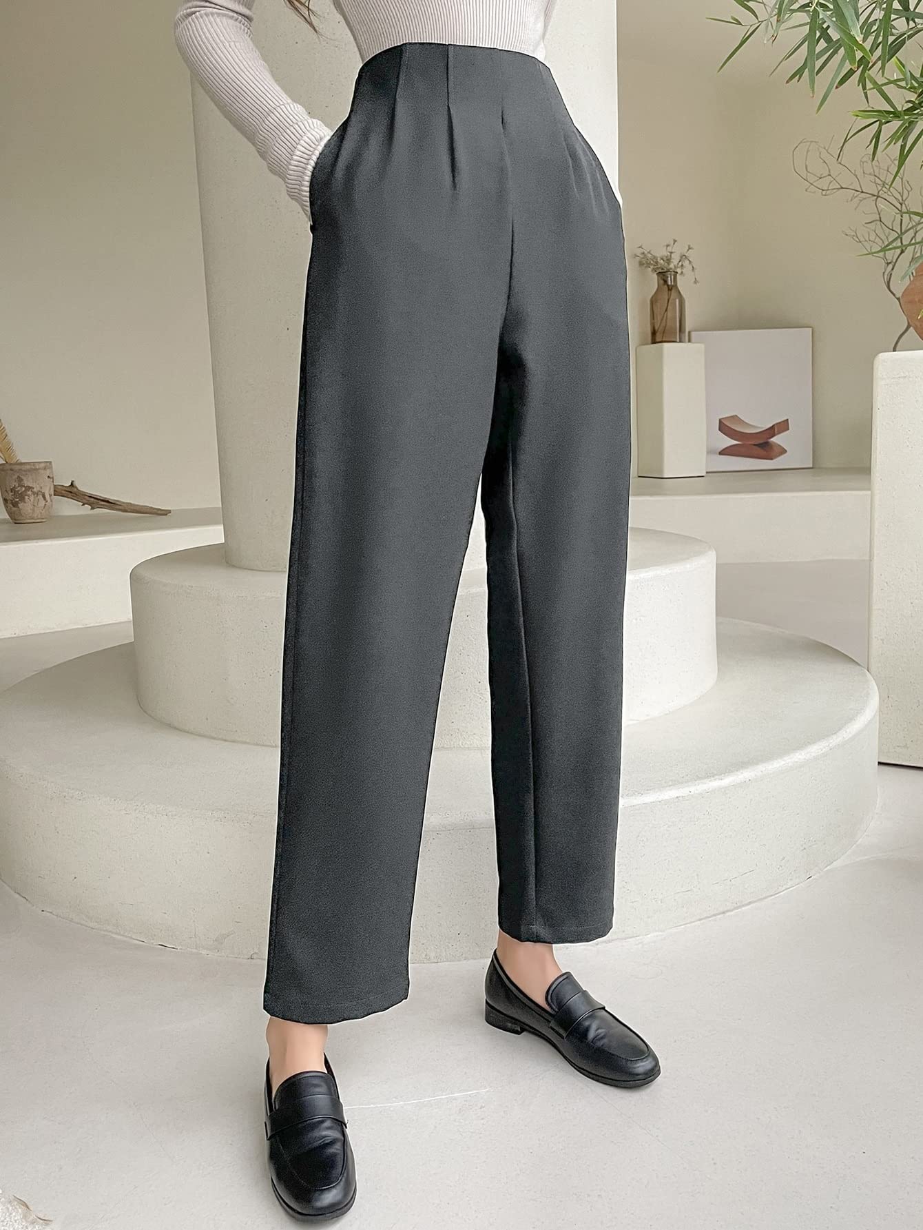 Wocrolse Womens Pants High Waist Plicated Detail Pants Work Casual Pants