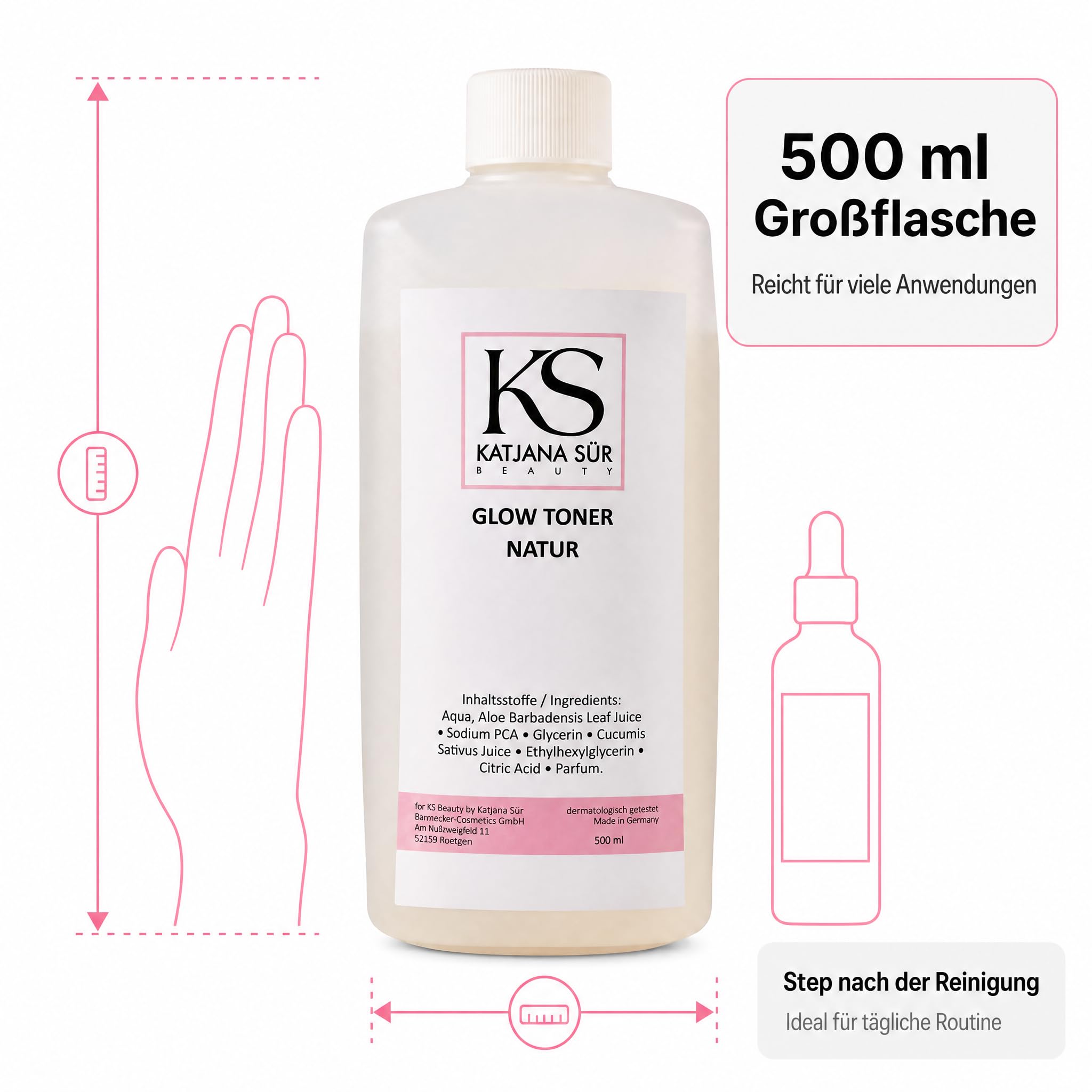 KS Beauty Glow Toner Gesichtswasser mit Pumpspender, 500 ml | Feuchtigkeitsspendender Gesichtstoner für trockene & sensible Haut – dermatologisch getestet, Made in Germany